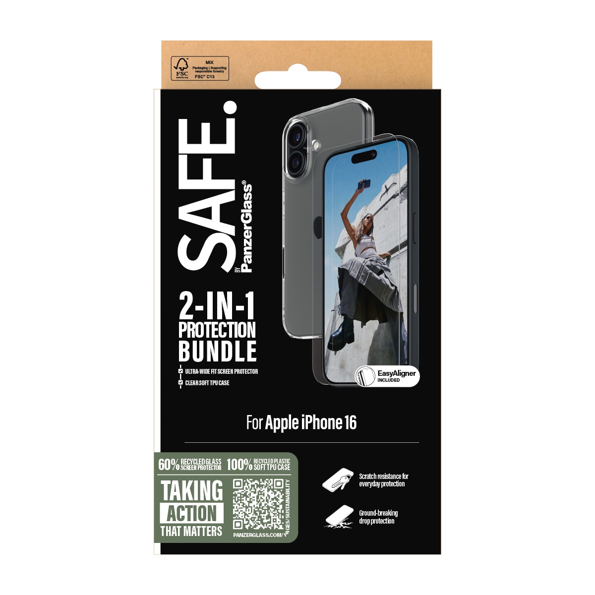 SAFE by PanzerGlass Displayschutzglas »2-in-1 Protection Bundle, Glass, Soft TPU Case«, für Apple iPhone 16, Displayschutzfolie, Schutzfolie, Bildschirmschutz, kratz- & stoßfest