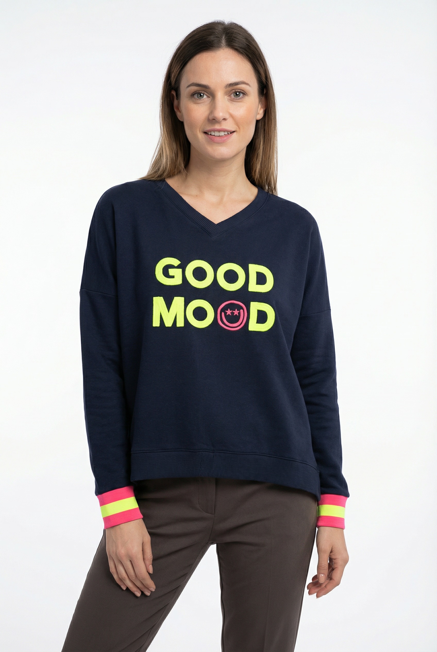 Zwillingsherz Sweatshirt , Langarm, Neon-Details, V-Ausschnitt, Schriftzug
