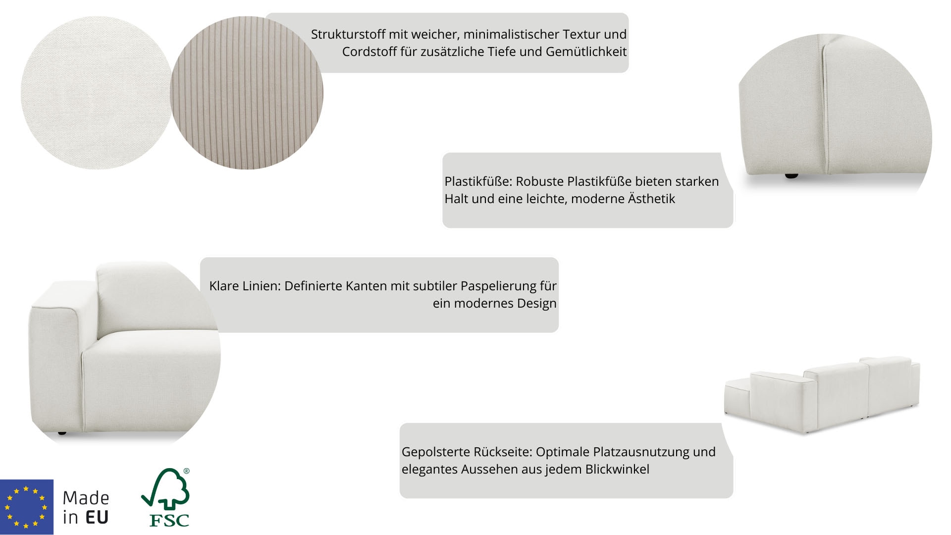 andas 3-Sitzer »Noord mit Kedernaht, Breite 232 cm«, Cord, Struktur, Webstoff, mit Wellenunterfederung, Massivholzrahmen