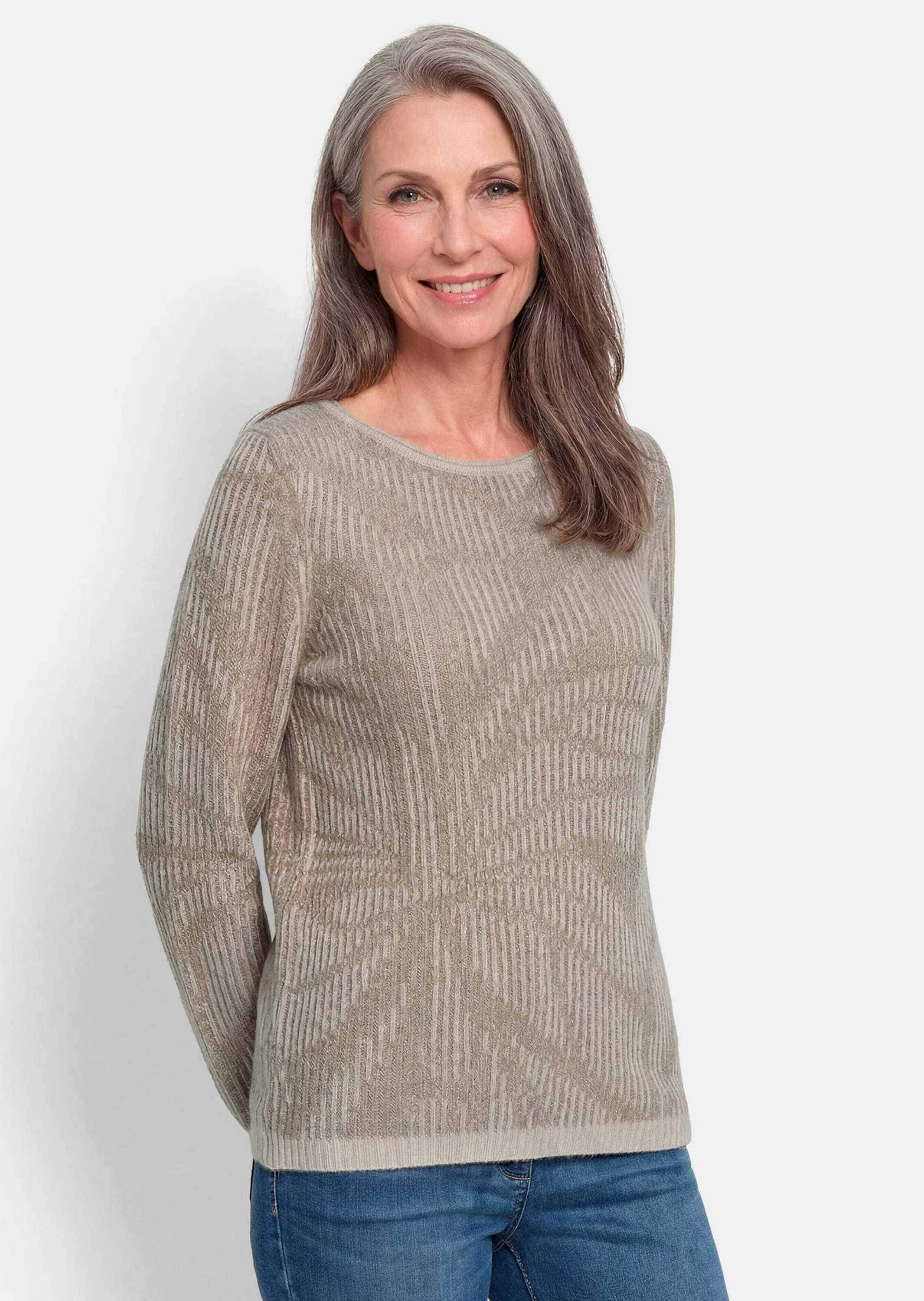 GOLDNER Rundhalspullover »Kurzgröße Strickpullover mit Blumenmuster« Rollbündchen am Ausschnitt