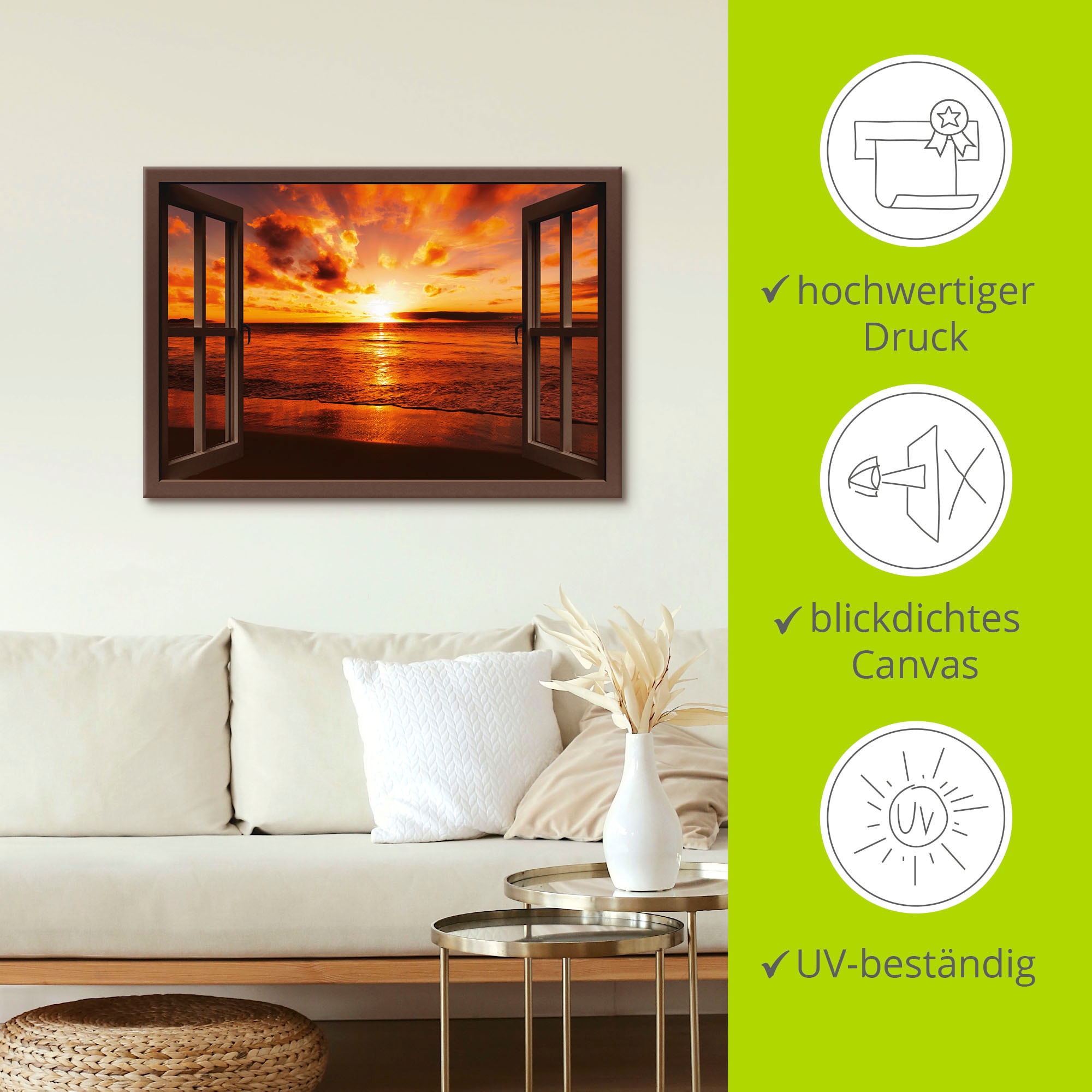 Artland Leinwandbild »Fensterblick Sonnenuntergang am Strand« Fensterblick 1 Stk. tlg. auf Holzrahmen gespannt