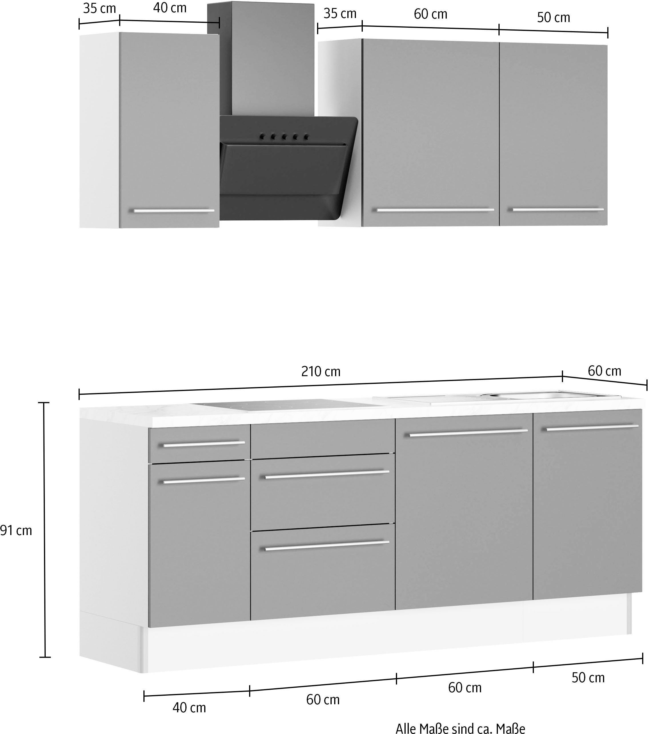 KOCHSTATION Küche »KS-Bern2« Breite 210 cm, wahlweise mit E-Geräten, für autarkes Kochfeld 60 cm