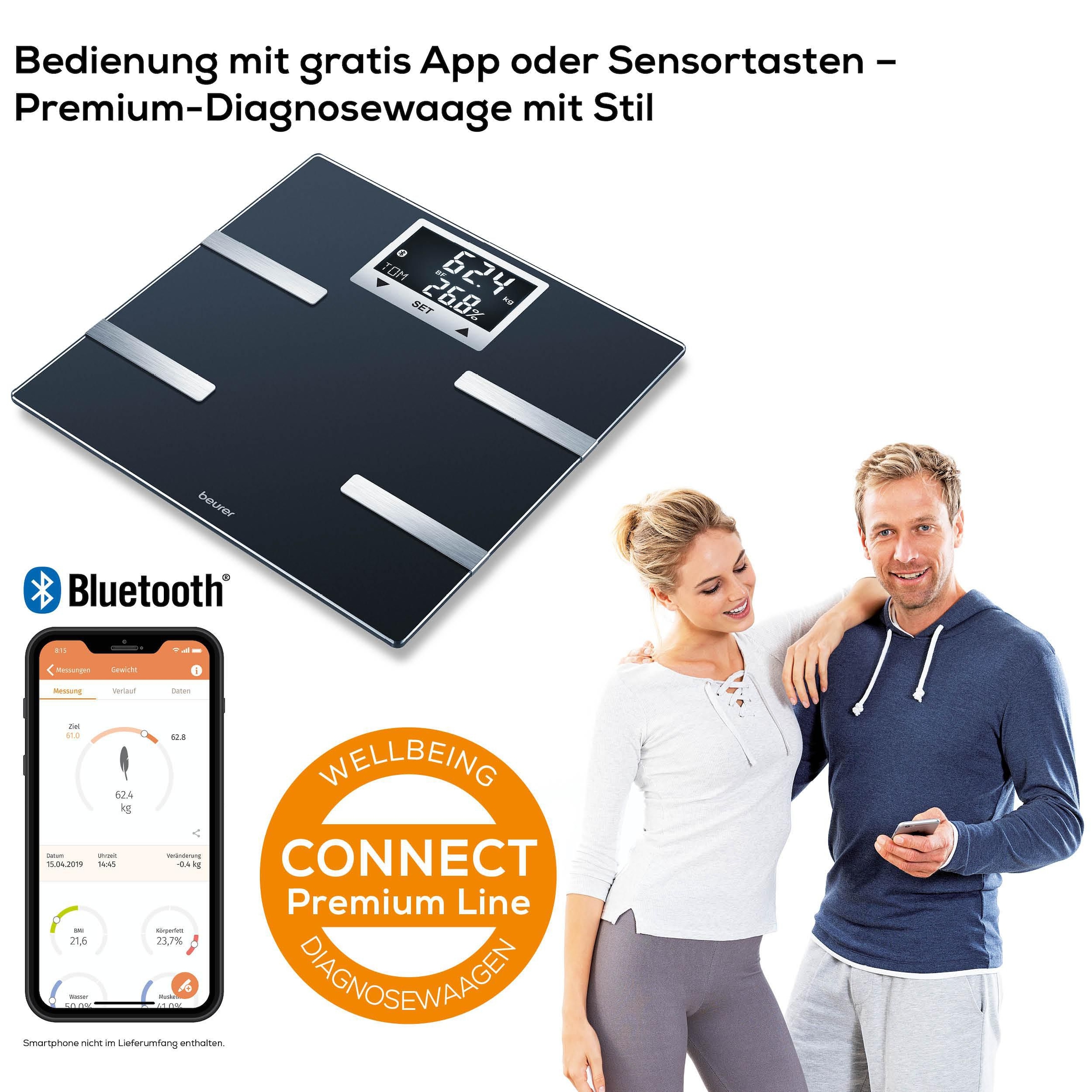 BEURER Körper-Analyse-Waage »BF 720 Messung von Körperfett, Muskelanteil, Kalorienanzeige usw.«, Körperanalyse, mit App zur Übertragung und Tracking der Messwerte