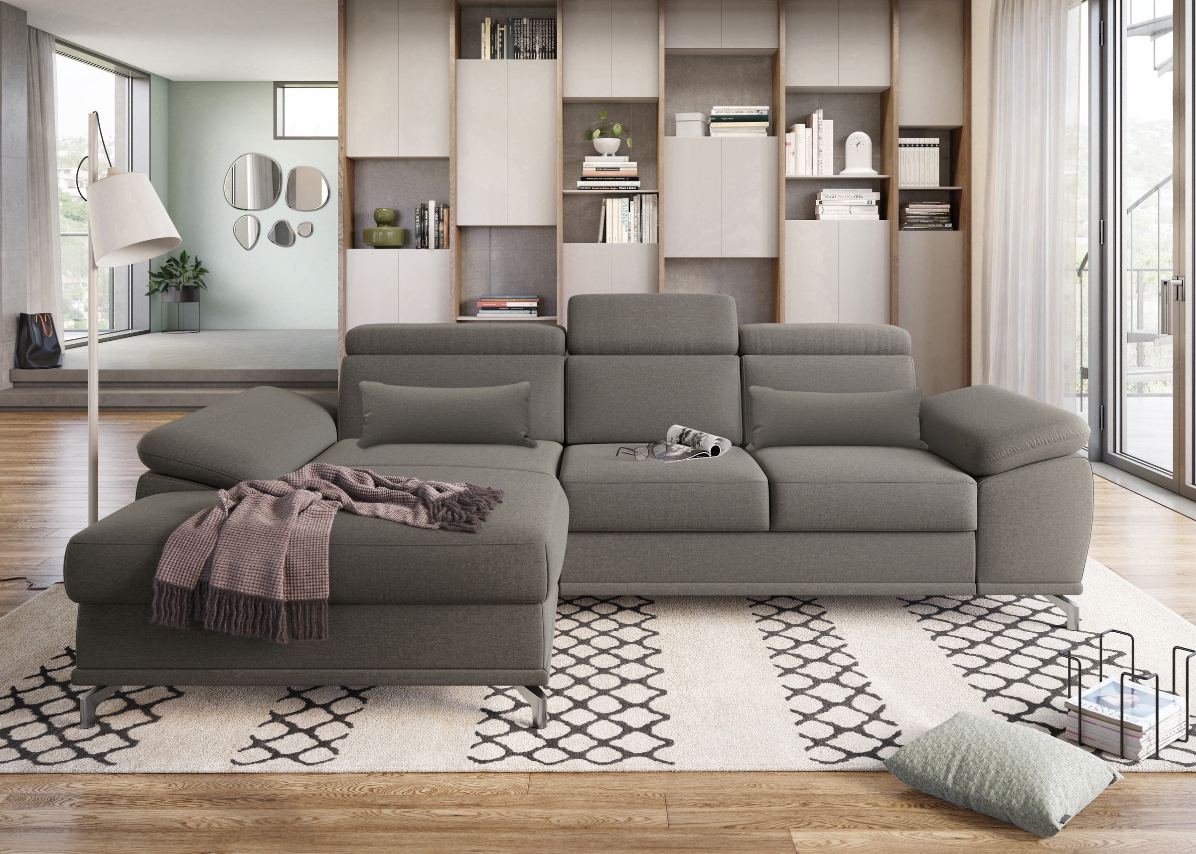 sit&more Ecksofa »Cabrio L-Form, mit Sitztiefenverstellung, Arm- und Kopfteilverstellung«, 2 Nierenkissen, Federkern, optional Bettfunktion und Stauraum