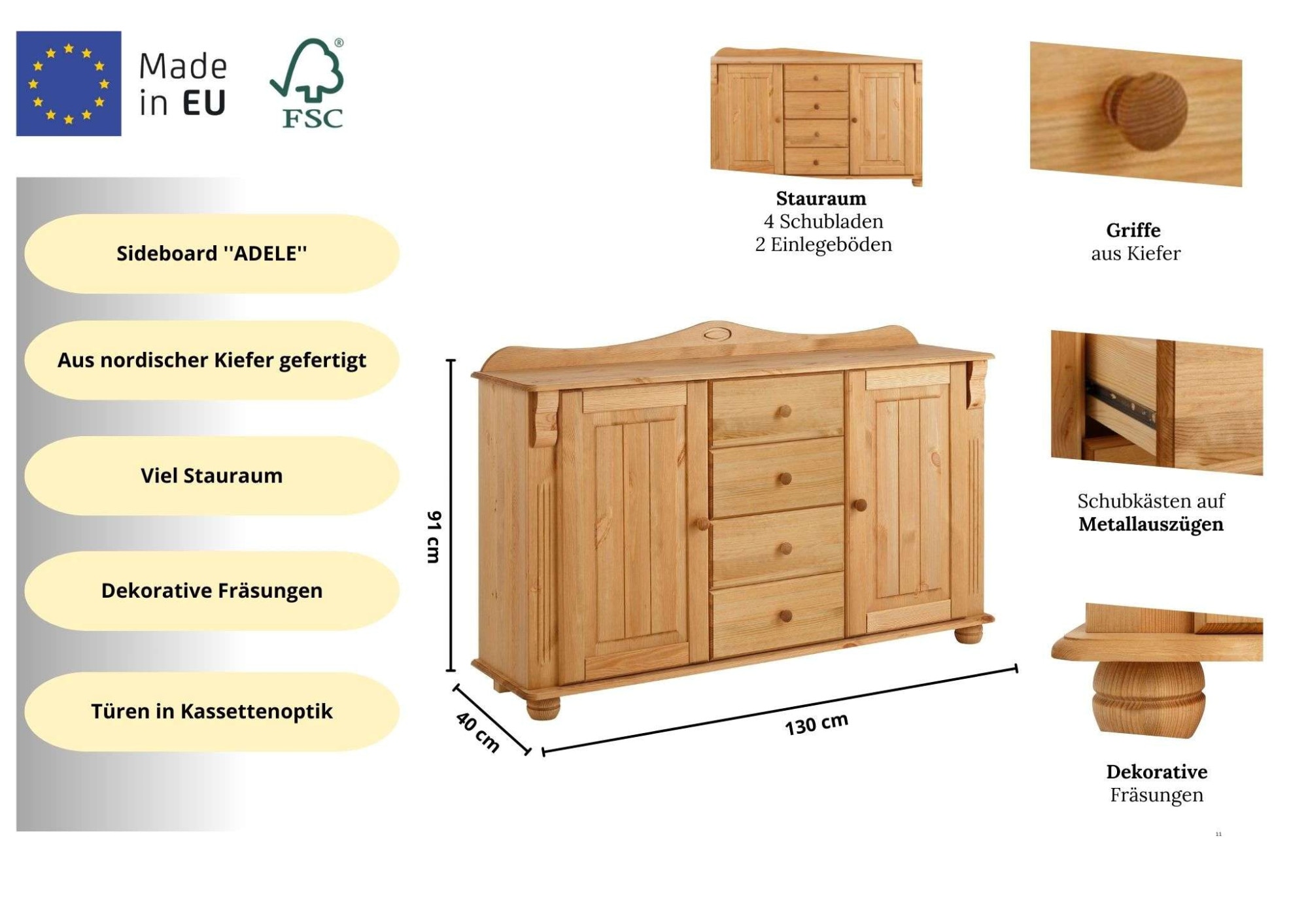 Home affaire Kommode »Sideboard, Anrichte, mit 3 Schubladen, 2 Türen« aus massiver Kiefer, Breite 130 cm