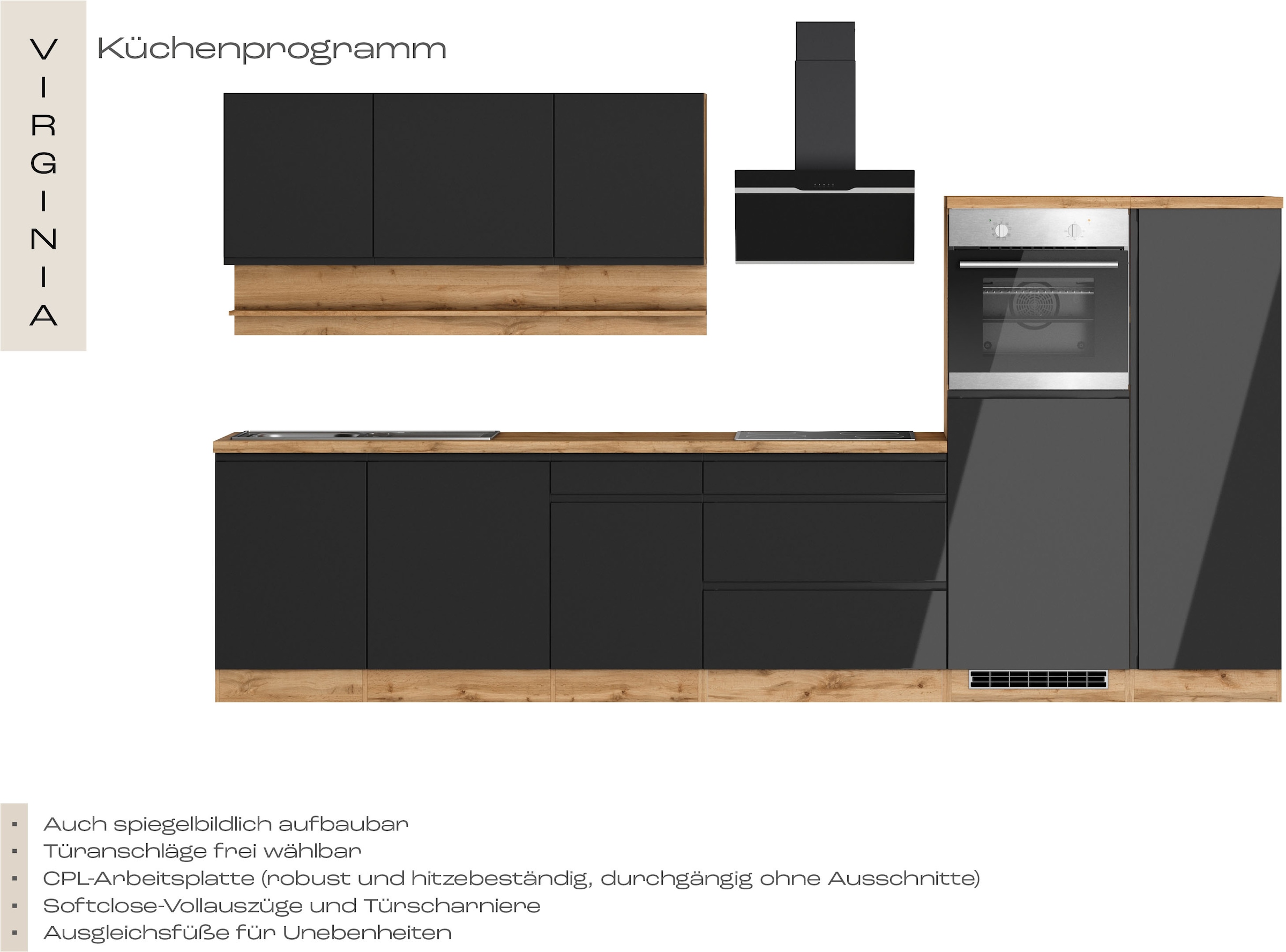 KOCHSTATION Küchenzeile »KS-Virginia,neu in verbesserter Ausführung« Arbeitsplatte 38 mm stark, Stauraum, Softclose,  Breite 350 cm, Soft-Close, ohne E-Geräte