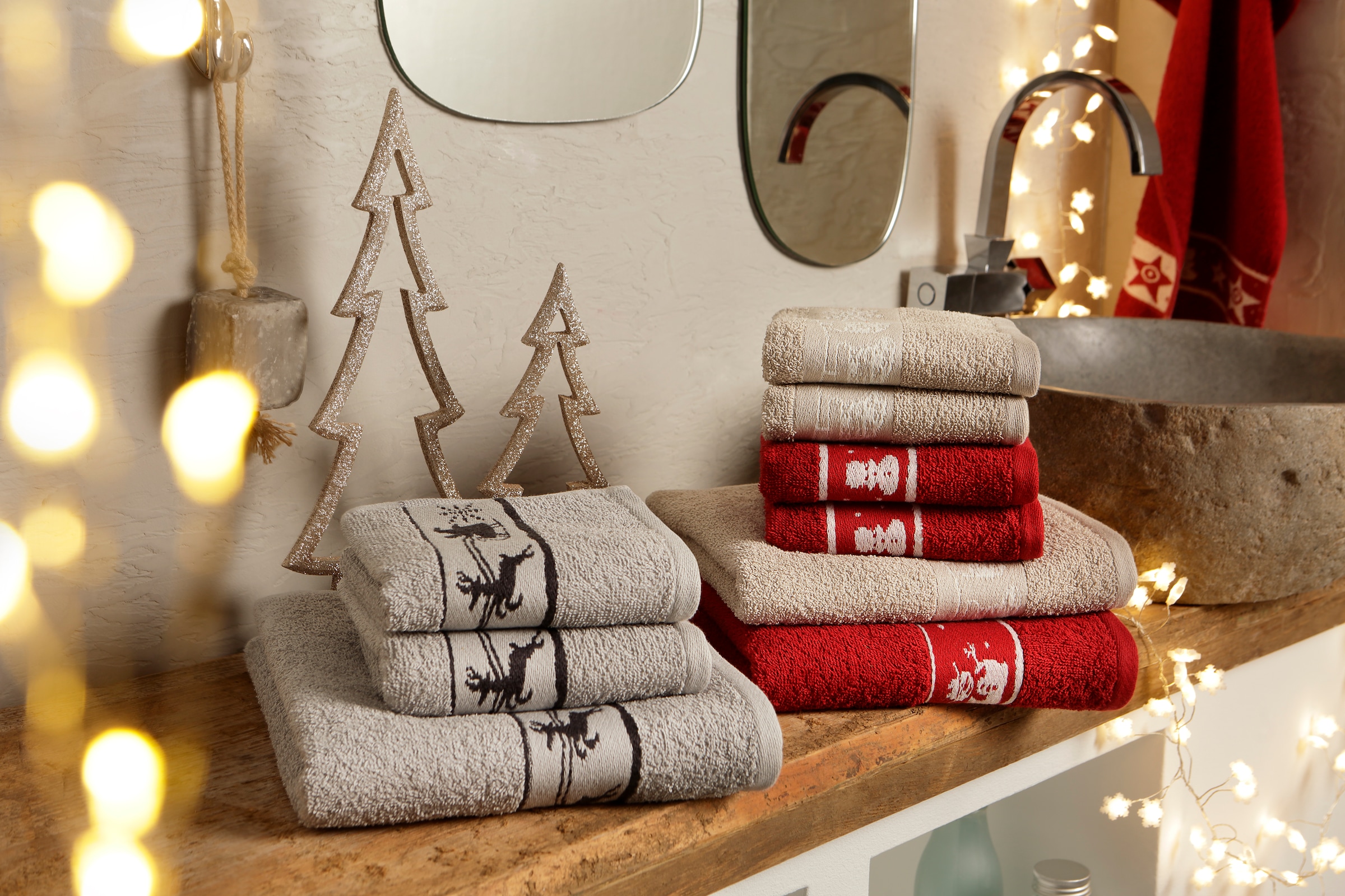 my home Handtuch Set »Weihnachten«, Set, 3 tlg., Walkfrottee, mit Sternen &  Bordüre, weihnachtliches Handtuchset, 100% Baumwolle