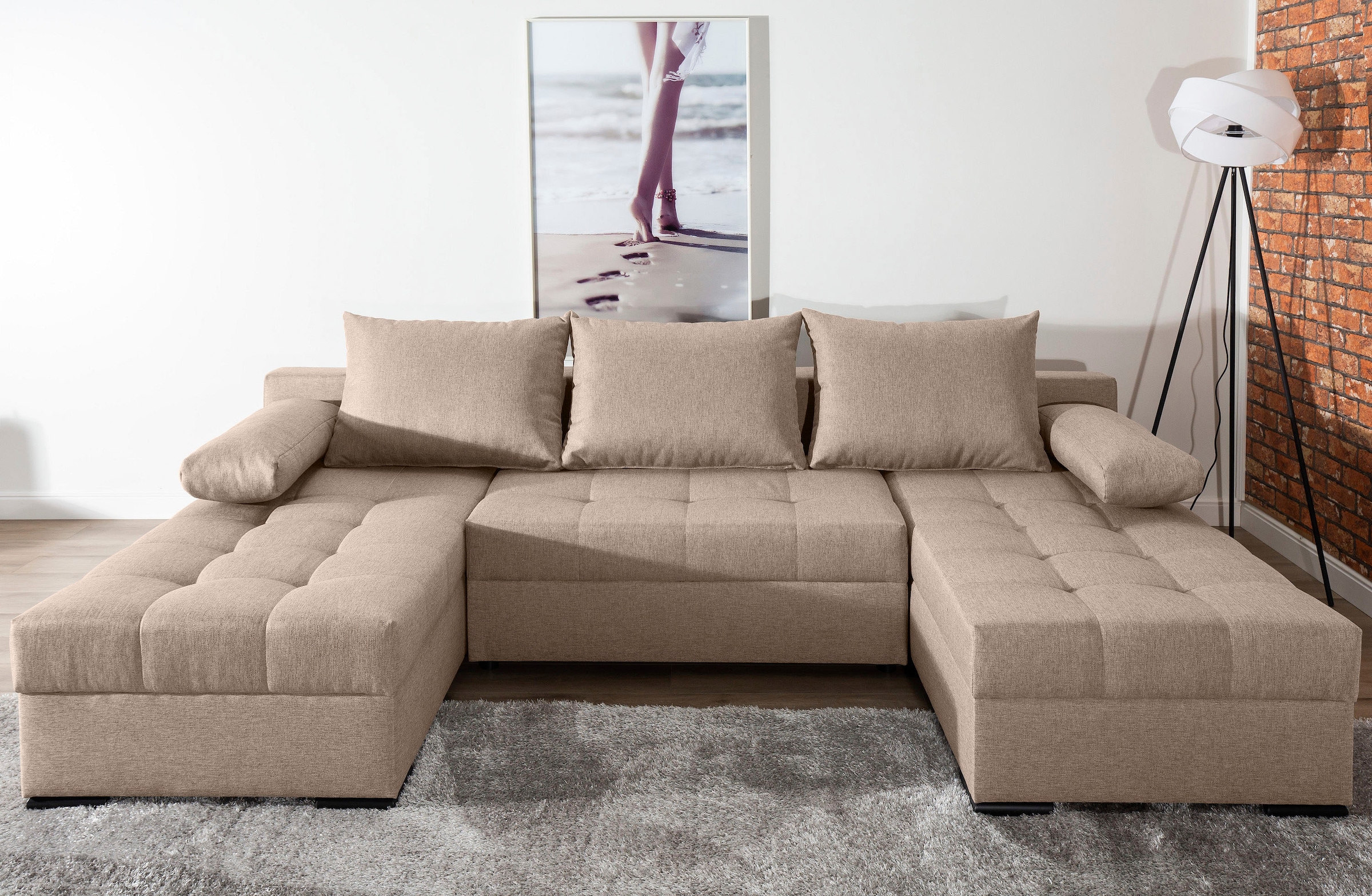 COLLECTION AB Wohnlandschaft »Josy, U-Form, Schlafsofa mit Bettkasten«, (Cord-/Mix), flexible Recamiere, Breite: 269cm, inklusive Rückenkissen
