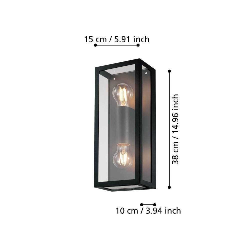 EGLO Wandleuchte »ALAMONTE 1 Wandlampe, Stahl, Glas, IP44, E27, Außenlampe, Garten Lampe«, 2 flammig, Leuchtmittel E27 | ohne Leuchtmittel, Wand-/Deckenleuchte, L15 x H38 x AL10 cm, schwarz, 2X60W exkl.
