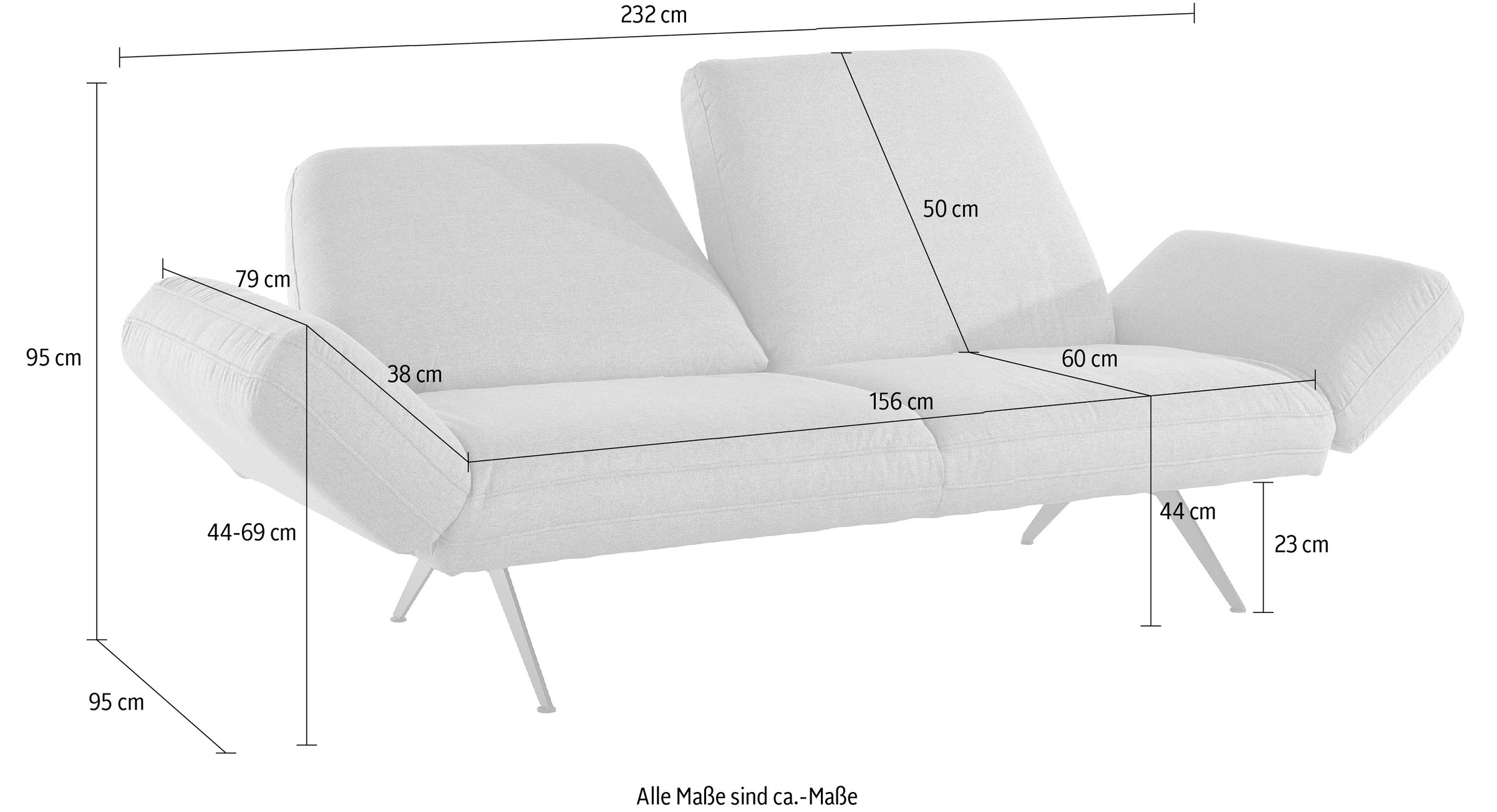 Places of Style 2-Sitzer »Caiden«, mit Arm- und Rückenfunktion, B/T/H: 232/95/95 cm