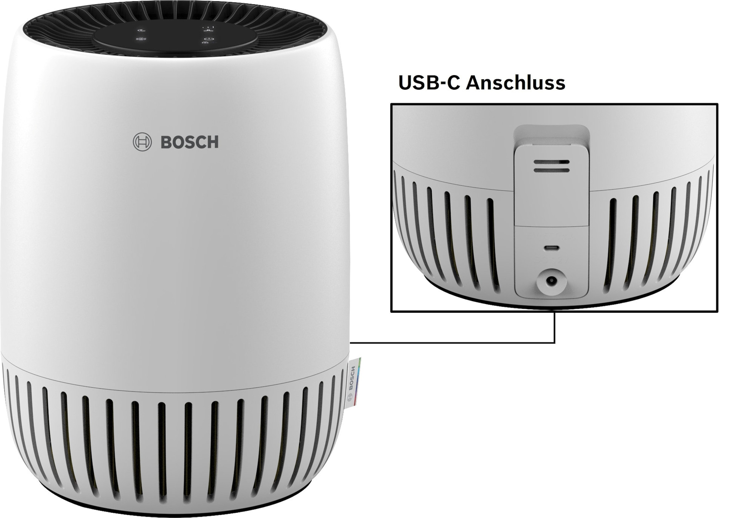 BOSCH Luftreiniger »Air 500, für eine effektive Reinigung, kompaktes Design« für 23 qm Räume USB-C Anschluss zum Laden eines Smartphones und Ruhemodus