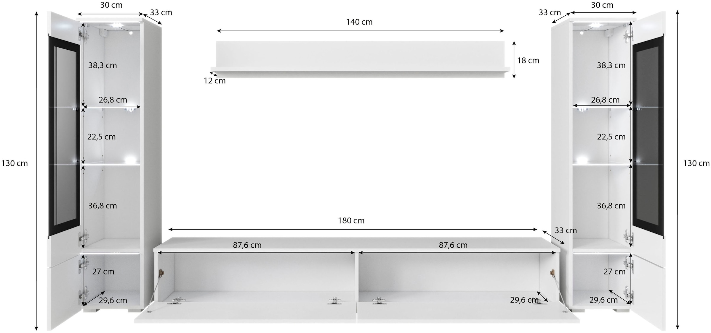 INOSIGN Wohnwand »VERA II, Vitrinen Türanschlag wechselbar«, (Komplett-Set, 4 St.), Mediawand 260 cm, Vitrine mit Verglasung, stehend und hängend