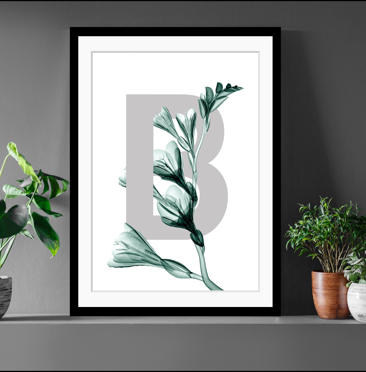 queence Bild »B-Flower 2.0«, Buchstaben, Blume, Blätter, gerahmt