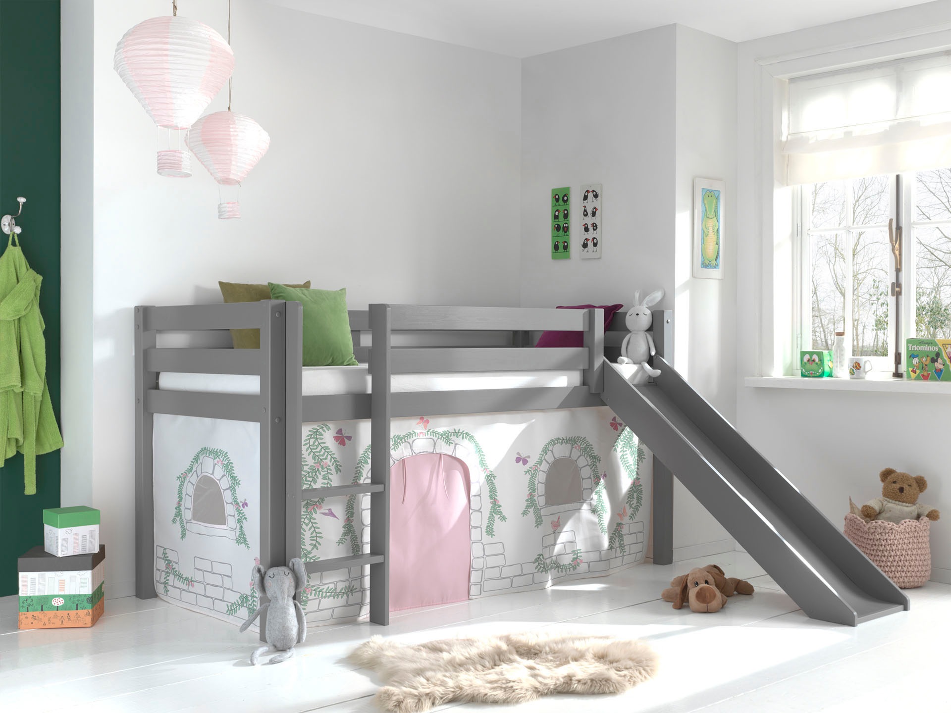 Vipack Hochbett »Pino«, (Made in Europe), Massivholz, Textil-Set "Birdy", wahlweise mit Rutsche und Bett-Tunnel