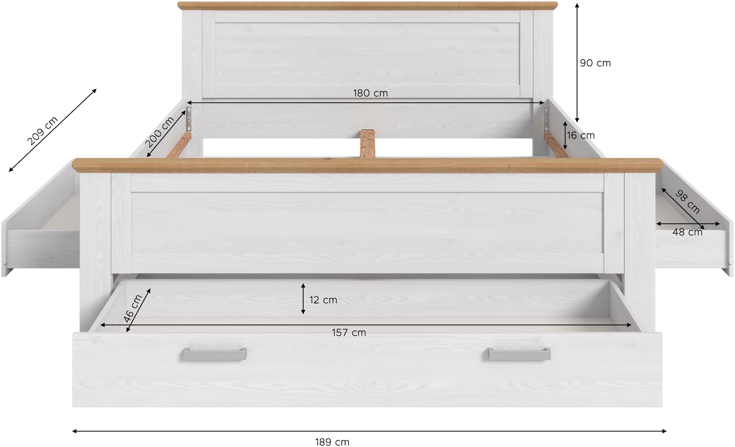 Home affaire Stauraumbett »COSENZA, TOPSELLER!, Breite 189cm, im Landhausstil, 3 Schubkästen« für Matratzen 180x200 cm, viel Stauraum, ohne Matratzen und Lattenrost,  Bett, Kastenbett, Bettgestell, Schlafzimmer, Schlafen