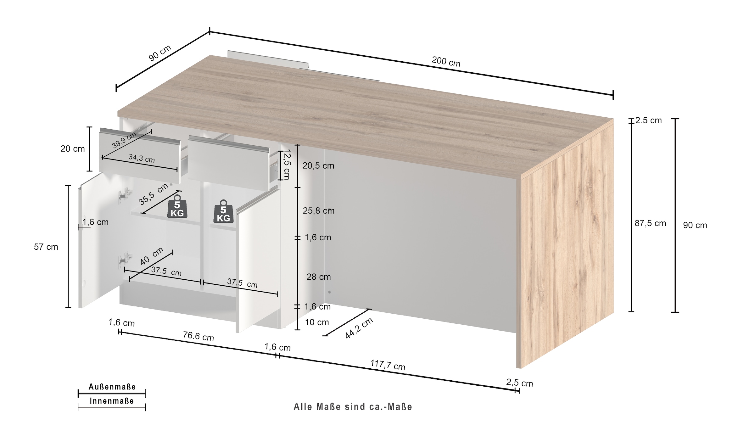 KOCHSTATION Kücheninsel »Sole,Kochinsel,Küchenarbeitsblock,Inselküche,Arbeitsinsel«, Breite 200 cm mit 4 Türen,4 Schubkästen, Aluminiumgriff