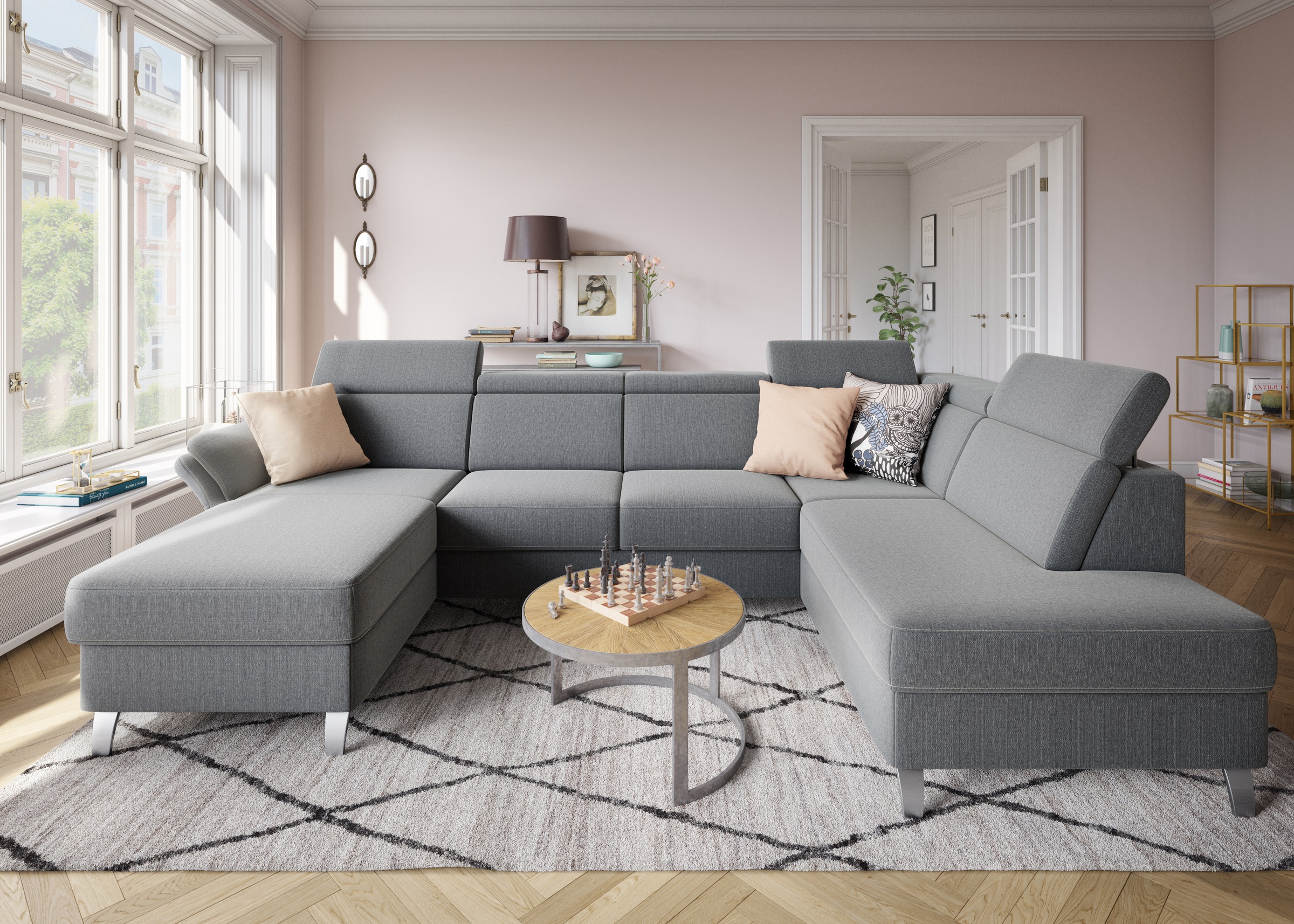sit&more Wohnlandschaft »Vincenzo U-Form«, inklusive Kopfteilverstellung, wahlweise mit Bettfunktion, Bettkasten