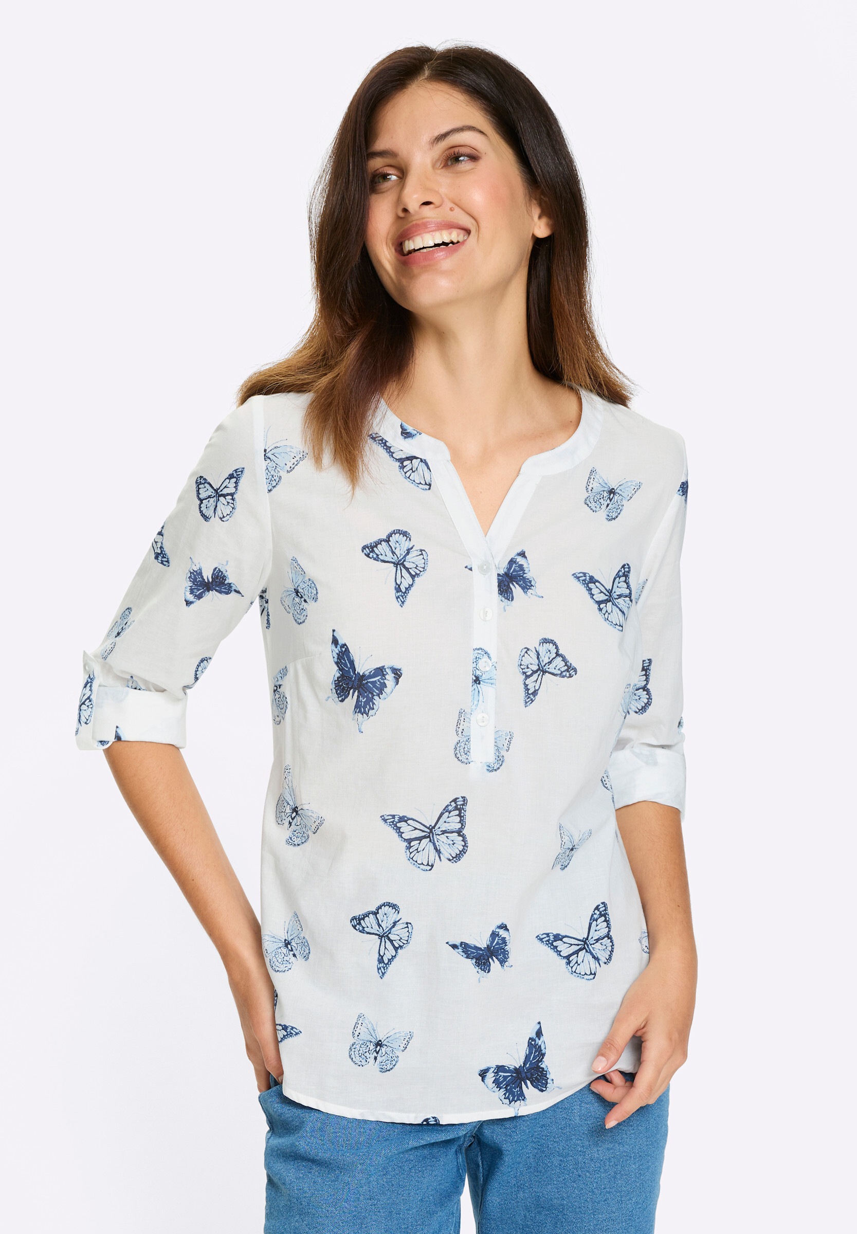 Sieh an! Klassische Bluse »Druckbluse Baumwollbluse mit Schmetterlings-Print«