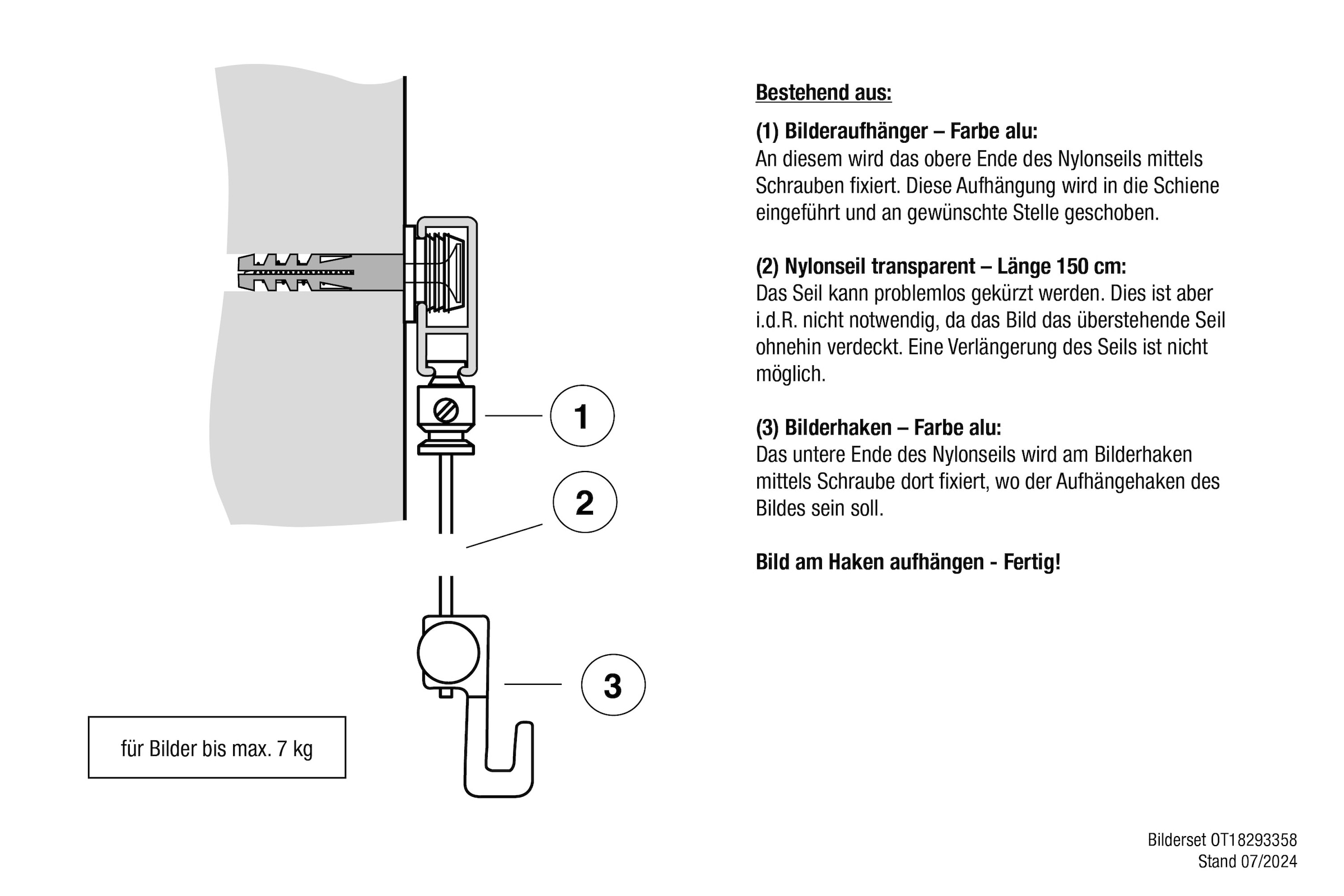 GARESA Bilderrahmen-Set »Bilderaufhängung«, (1 St.), Bilderaufhängung für Bilderschiene 300 - Aluschiene "300"