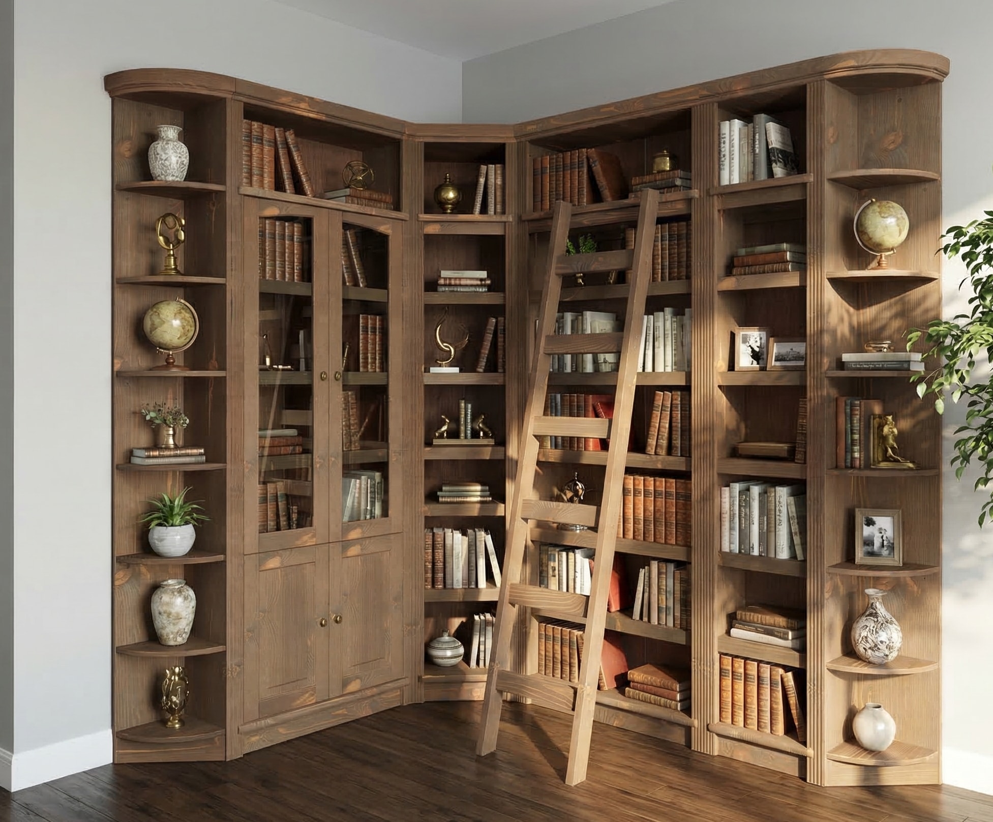 OTTO home Bibliothek »Soeren - 7-tlg. Set: mit 1 Regal B 80 cm., 1 Regal B 40 cm, 1 Eckregal« Set, 7 Stk. tlg. Inkl. 1 Vitrine,2 gerundeten Abschlussregalen und 1 Holzleiter,H220 cm