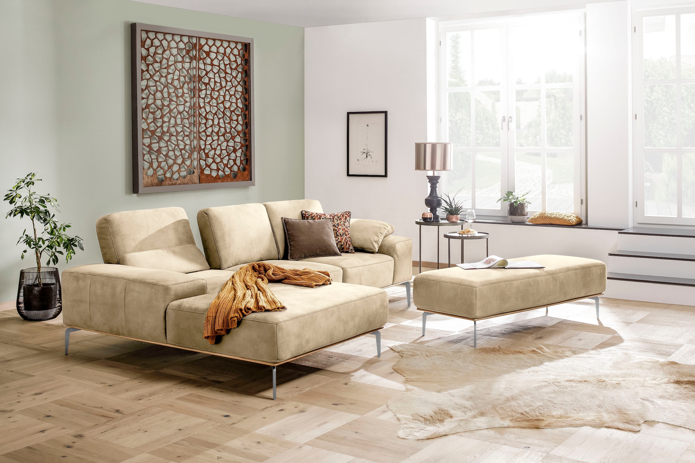 W.SCHILLIG Ecksofa »run, Designsofa mit tollem Sitzkomfort, L-Form«, mit elegantem Holzsockel, Füße in Chrom glänzend, Breite 279 cm