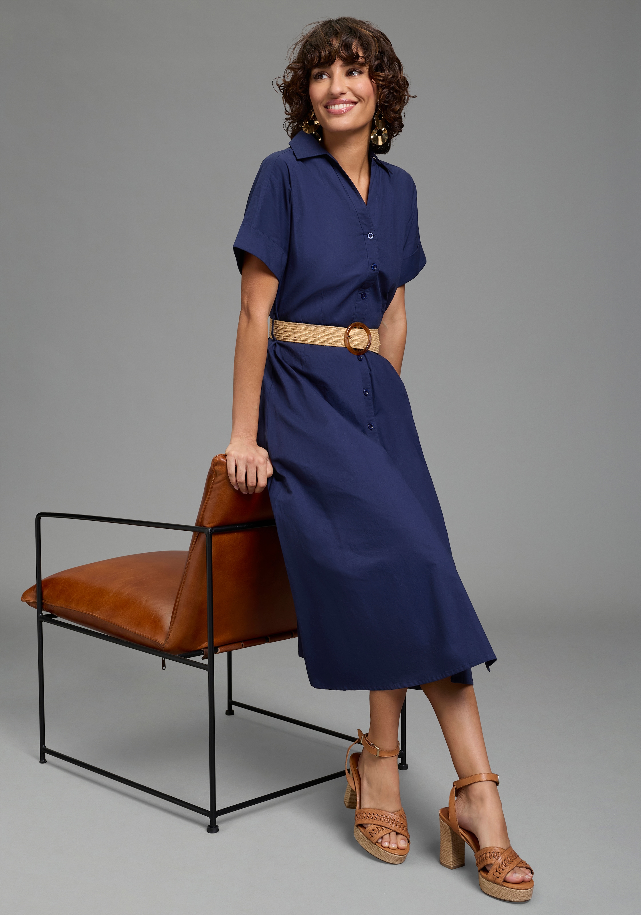 Laura Scott Hemdblusenkleid wadenlang, feminin, für vielseitige Anlässe, aus Baumwolle