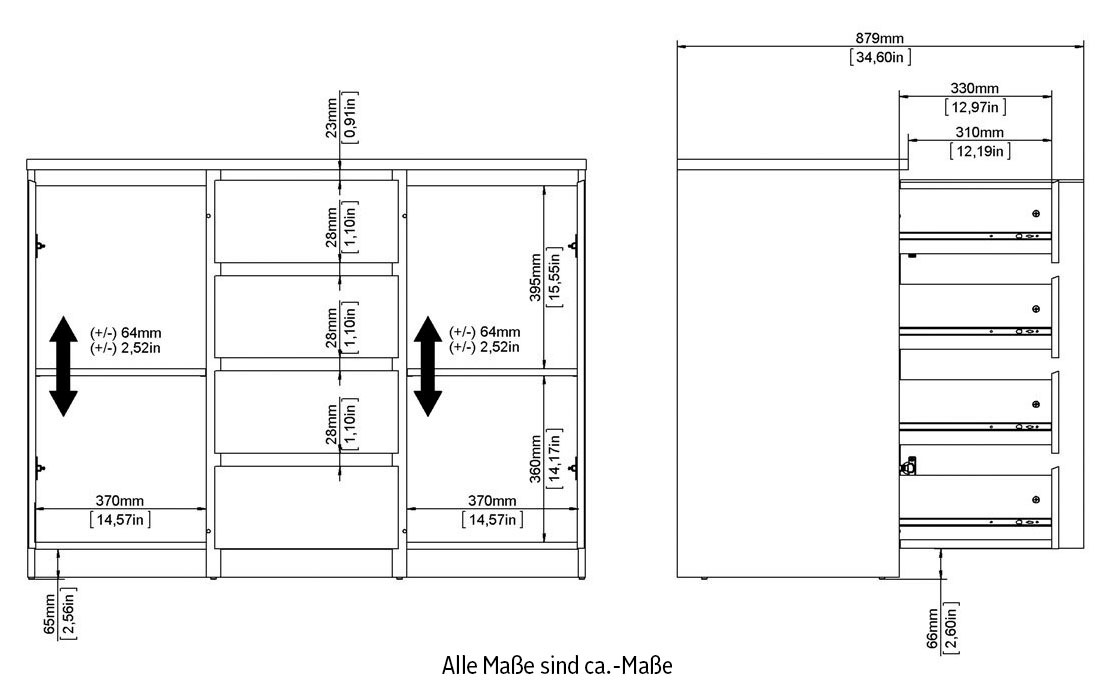 INOSIGN Kommode »Naia, Sideboard, 4 Schubladen, 2 Türen, Aufbewahrung, grifflose Front« Mit Einlegeböden, modern, skandinavisches Design, in mehrere Farben