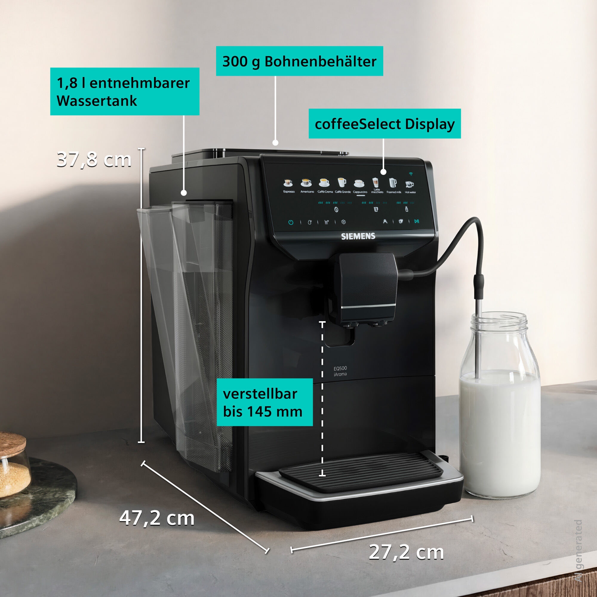 SIEMENS Kaffeevollautomat »EQ500 TP553E19, Doppeltassenfunktion, 8 Getränke, farb. Touchdisplay« Keramikmahlwerk, entnehmbare Brüheinheit, Steuerung per App, Schwarz