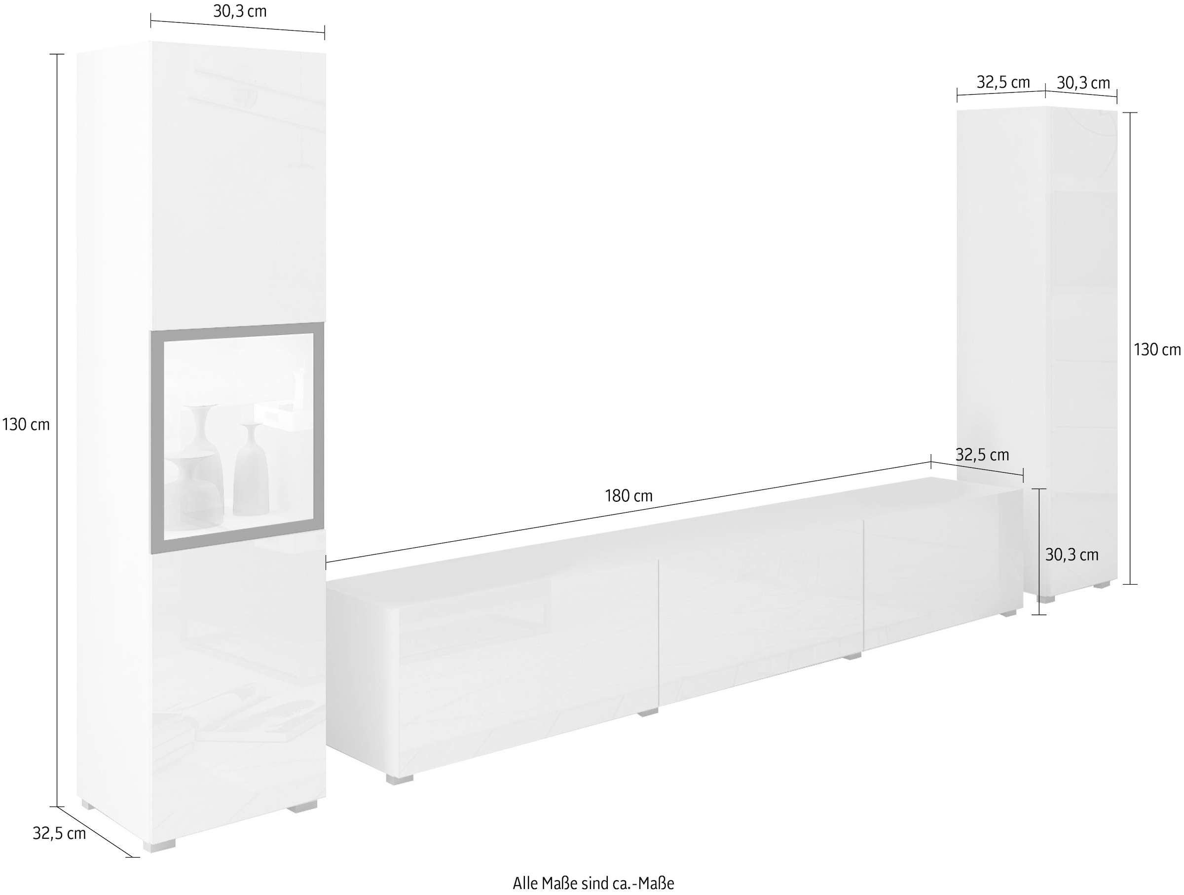 INOSIGN Wohnwand »BERLIN III, Vitrine Türschlag links/rechts wechselbar«, (Komplett-Set, 3 St.), moderne grifflose Mediawand Breite 260 cm, Vitrine mit Verglasung