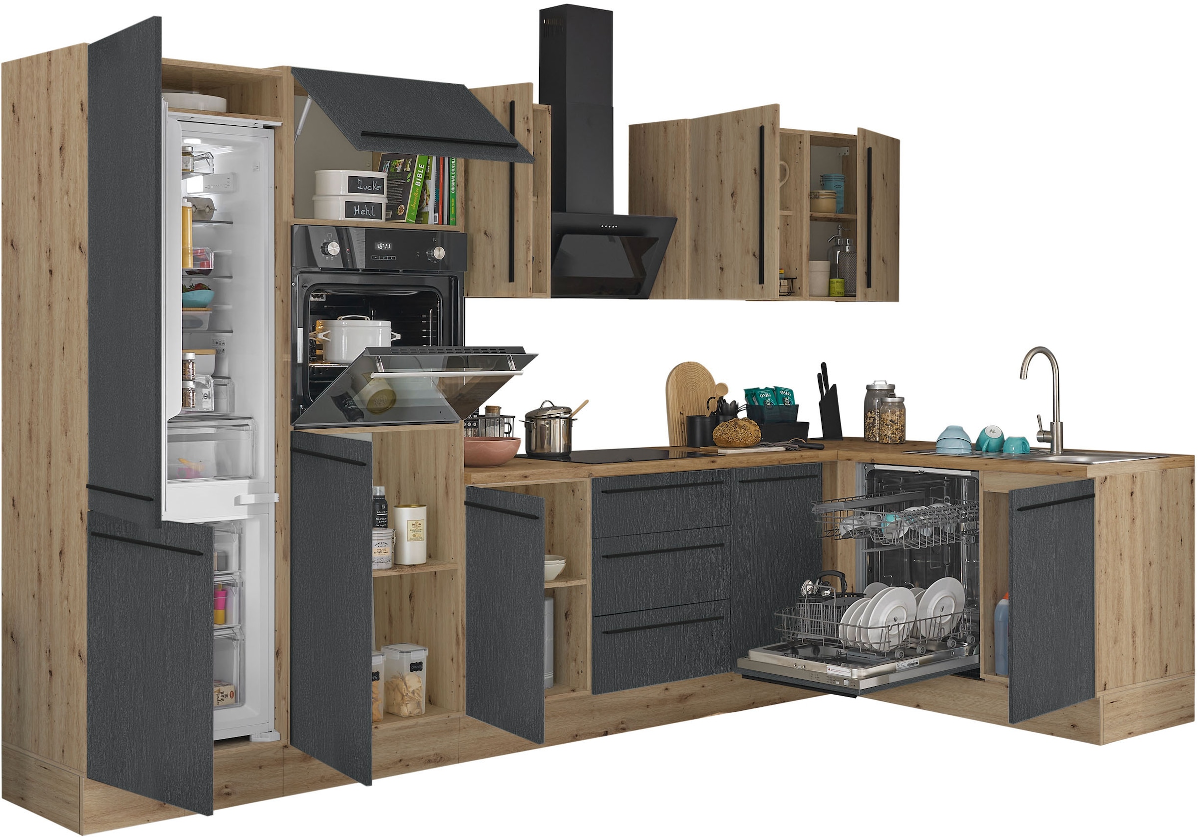 KOCHSTATION Winkelküche »Florida, Stellbreite 340x175 cm«, wahlweise mit E-Geräten, mit Softclose für Türen und Schubkästen