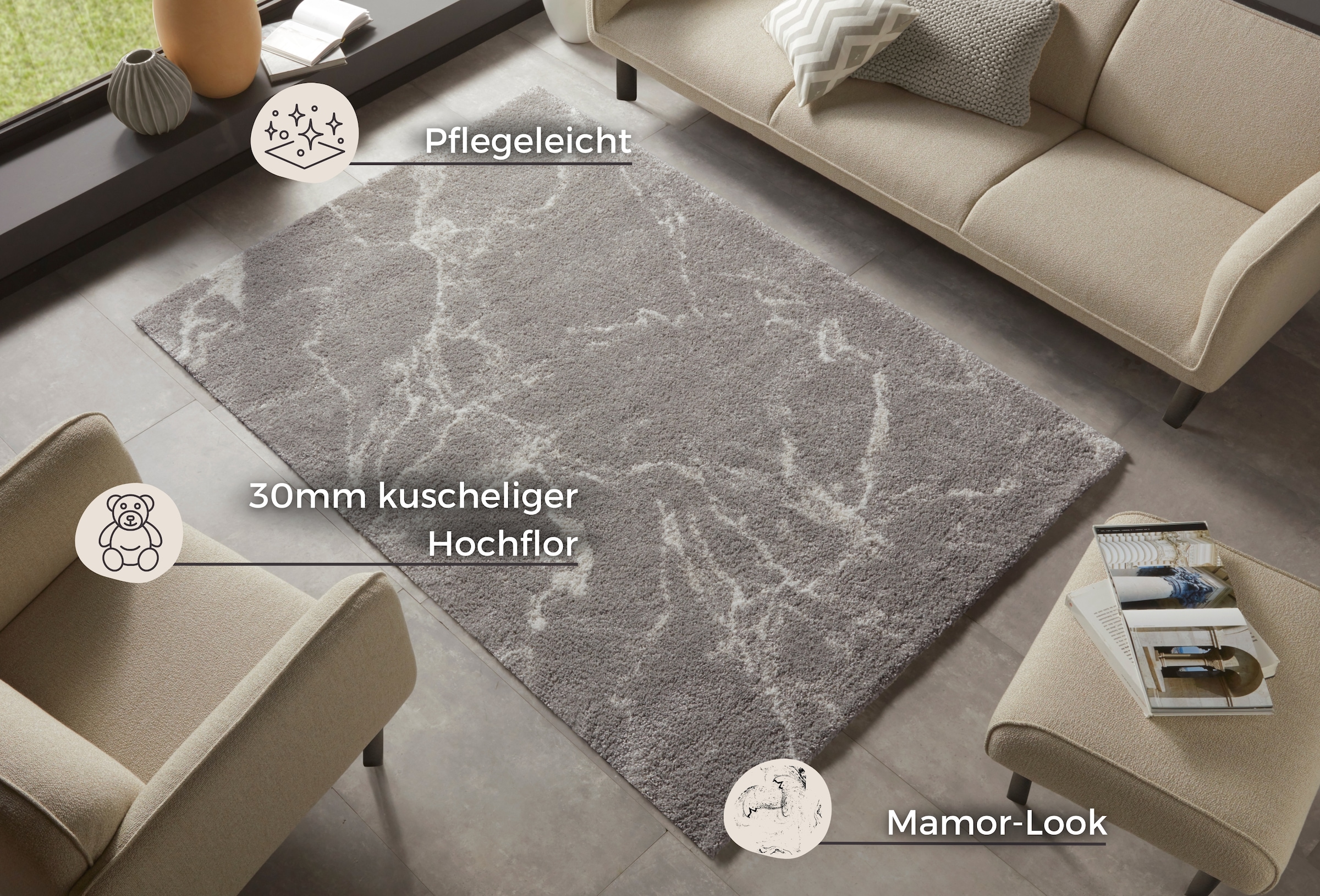 HANSE Home Hochflor-Teppich »MAYRIN«, rechteckig, Hochflor, Teppich, Shaggy, Flokati, Weich, Marmor-Optik, Wohnzimmer