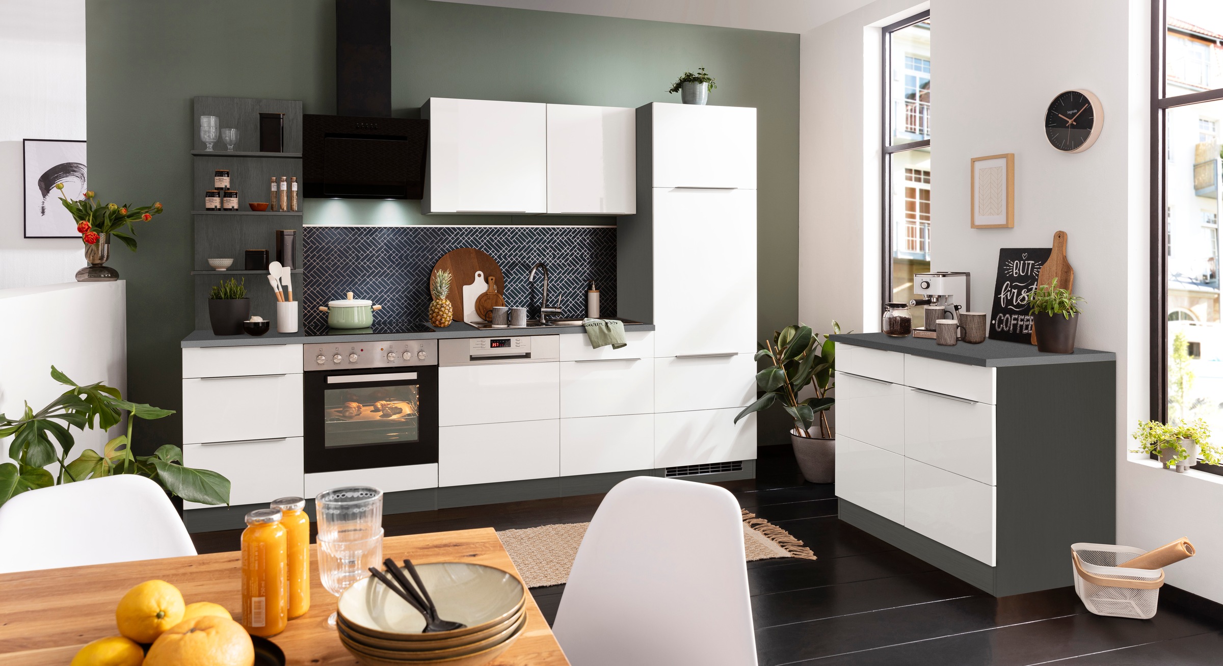 KOCHSTATION Küchenzeile »KS-Brindisi« Breite 280 cm, wahlweise mit E-Geräten, mit MDF-Fronten und Regal