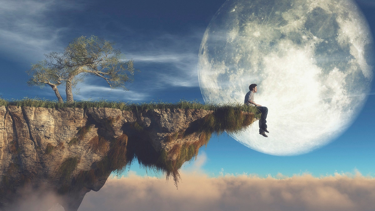 Papermoon, Fototapete »Mann an Klippe vor Mond«, bunt, Vlies, B/L: 3 m m x 2,23 m m - Bahnen: 6 Stk. St., bunt