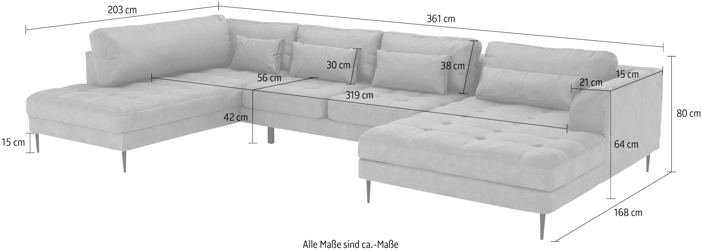 TRENDMANUFAKTUR Wohnlandschaft »Luzi, gemütliches Sofa, extra viel Platz, viele Kissen, OTTOs Choice«, Designsofa mit tollem Sitzkomfort, Metallfüße schwarz, Breite 361 cm