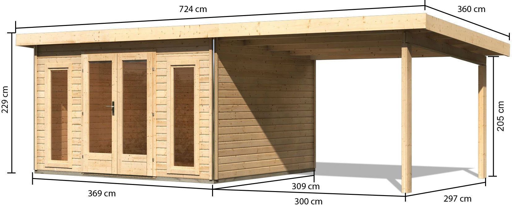 Karibu Gartenhaus »Rabensee 2 SET« naturbelassen mit Anbaudach 3,3 m