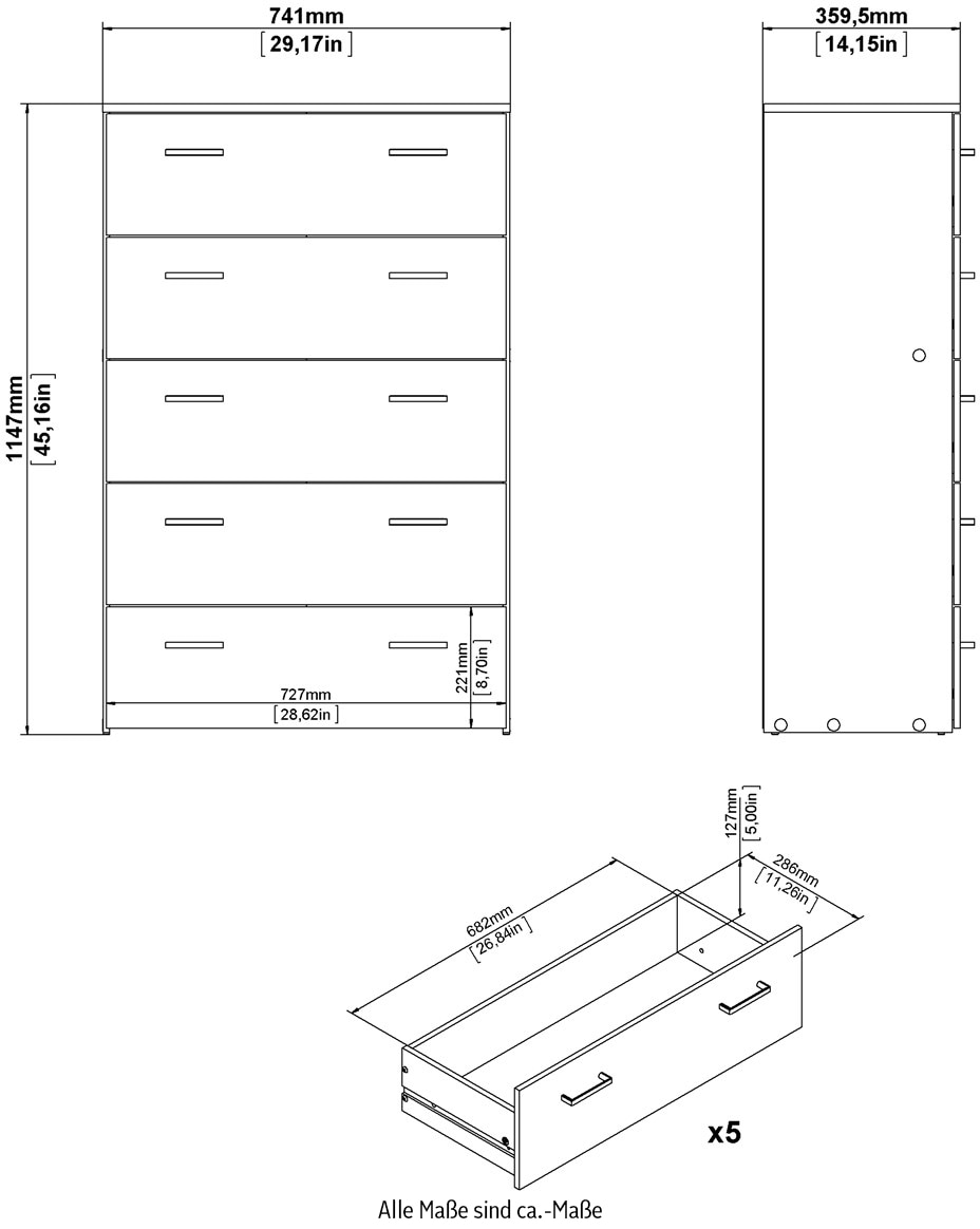 Home affaire Sideboard »Space Kommode, Aufbewahrung, Schubladenschrank«, 5 Schubladen, viel Stauraum, Breite 74 cm, Höhe 115 cm