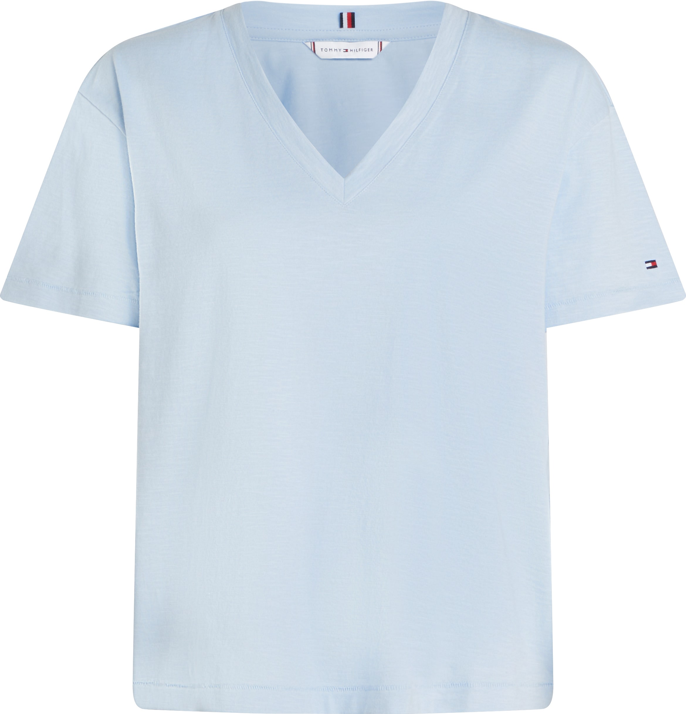 Tommy Hilfiger T-Shirt »SLUB CROP V-NK SS«, mit offener Kante, mit Logostickerei