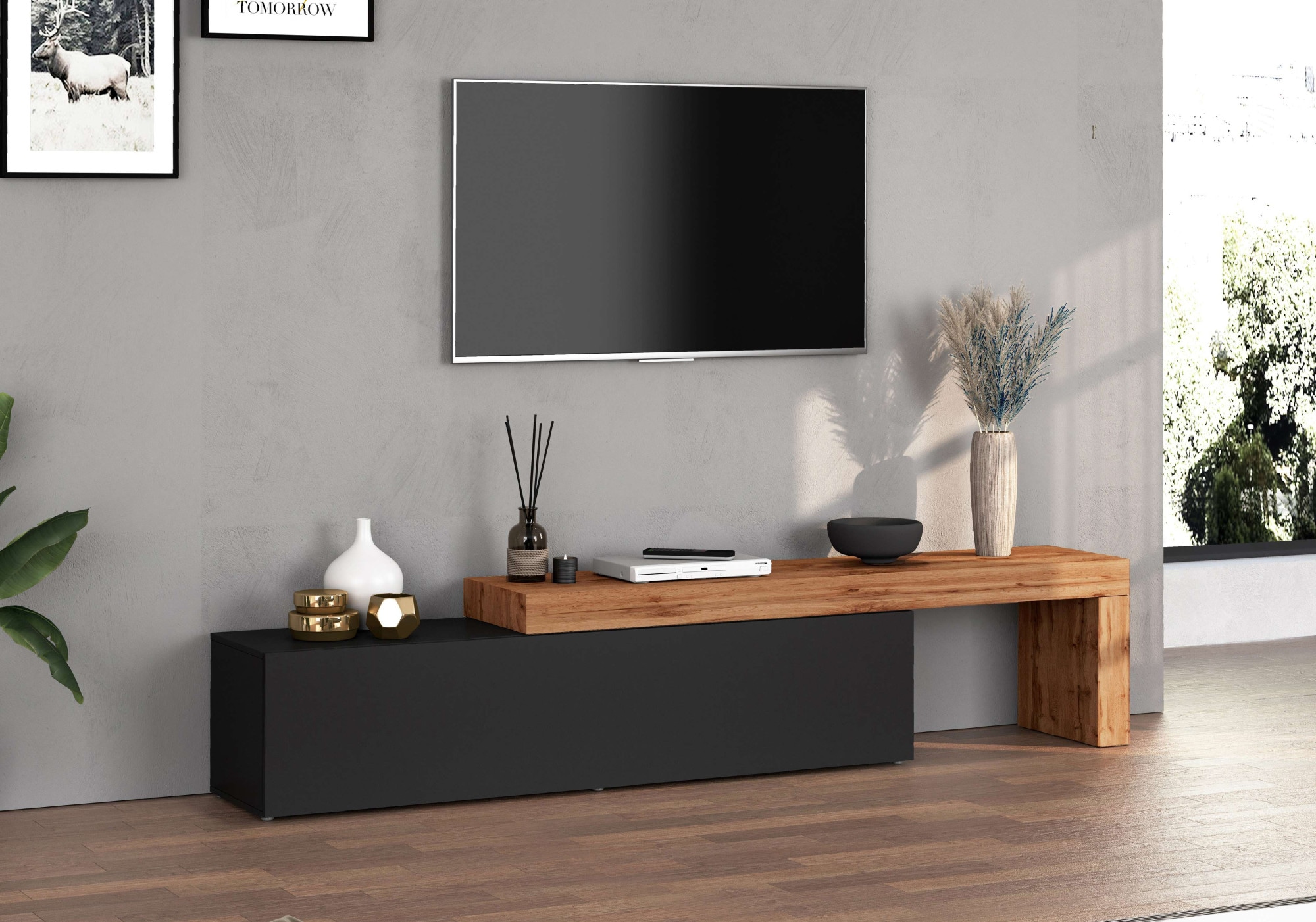 INOSIGN Lowboard »Chronos TV-Board, TV-Schrank«, (1 St., Breite verstellbar von 190 bis 350 cm), Breite 270 cm TV-Board,Lowboard,1 Klappe und ein L-Förmiger Aufsatz