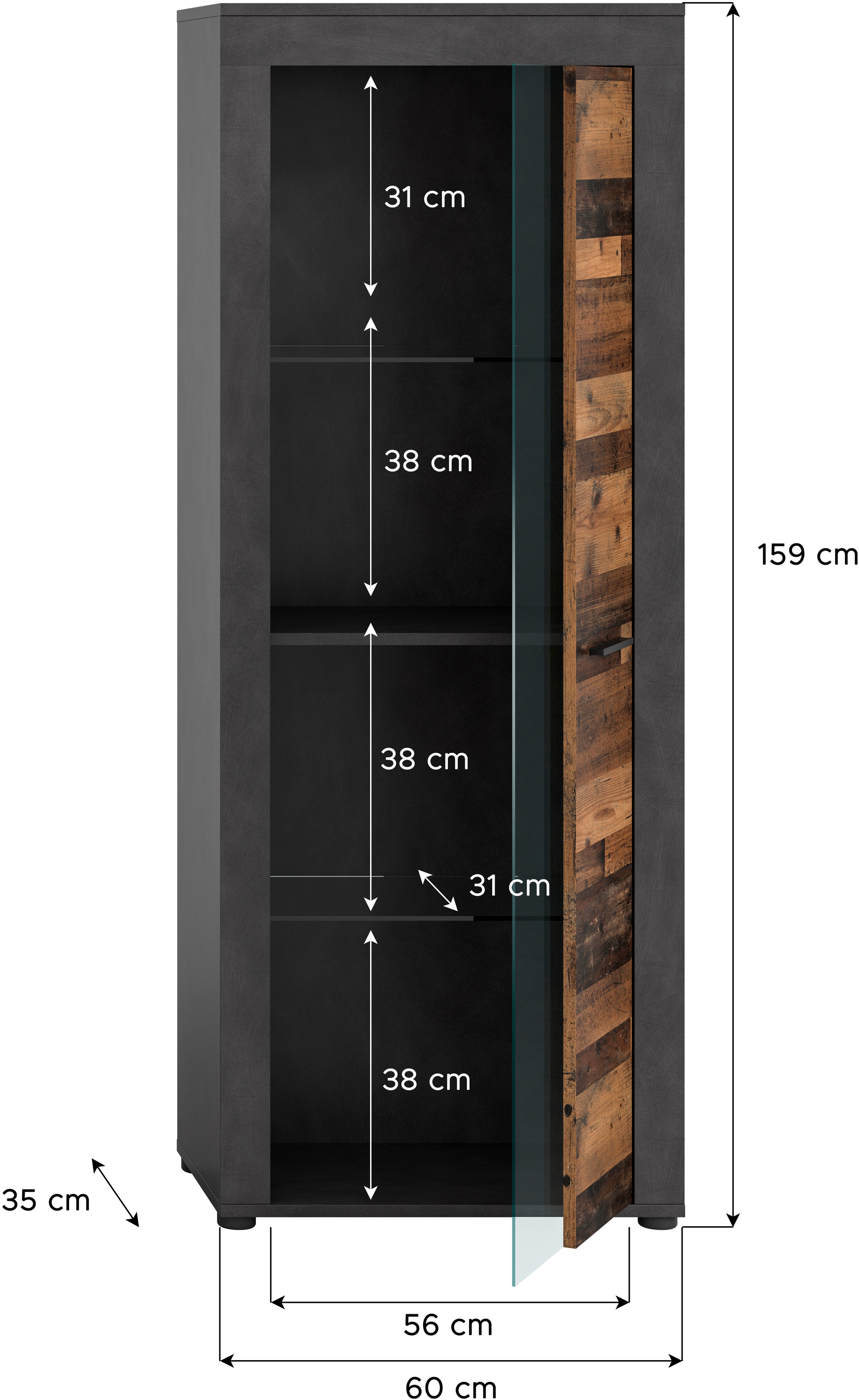 INOSIGN Vitrine »Aosta, Höhe 159 cm, in verschiedenen Farbausführungen«, 1 Tür, 3 Einlegeböden, 4 Fächer, Wohnzimmer, Standvitrine, Glasvitrine