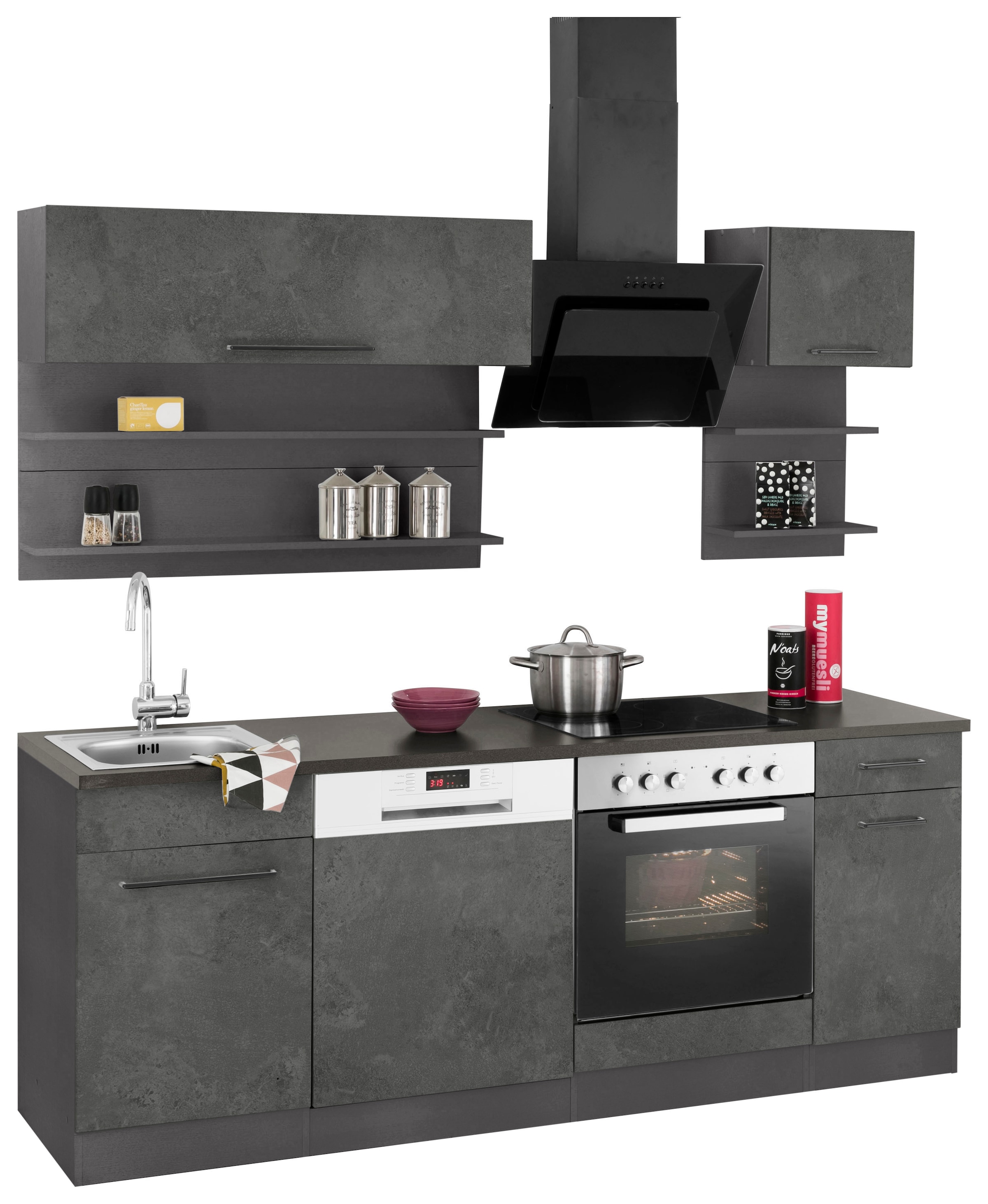 HELD MÖBEL Küchenzeile Breite Fronten mit schwarze Rechnung MDF »Tulsa«, 210 auf Metallgriffe, E-Geräten, kaufen cm