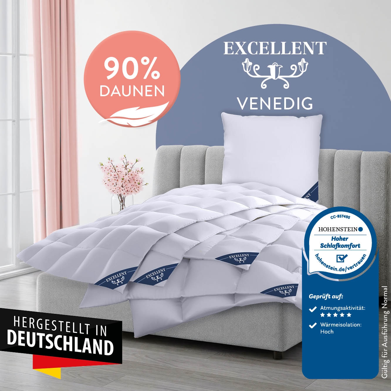 Excellent Daunenbettdecke "VENEDIG, Bettdecken für Sommer und Winter, Decke" polarwarm Füllung 90Daunen10Federn 1 Stk. tlg. Bettdecke 135x200 cm, 155x220cm und weitere Größen, Made in Germany