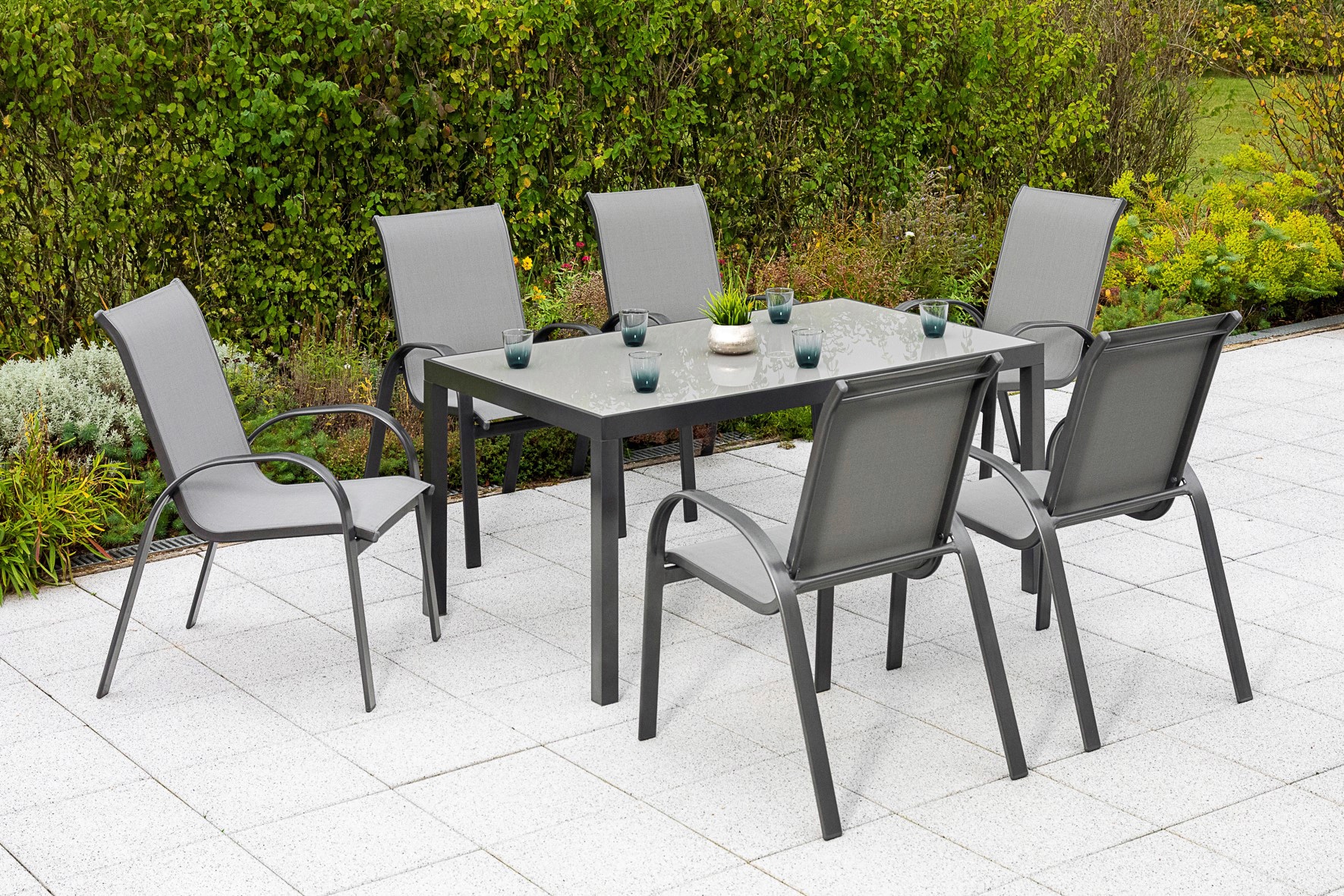 MERXX Garten-Essgruppe "Amalfi" Set, 7 Stk. tlg. 6 Sessel, stapelbar, Tisch 90x150 cm