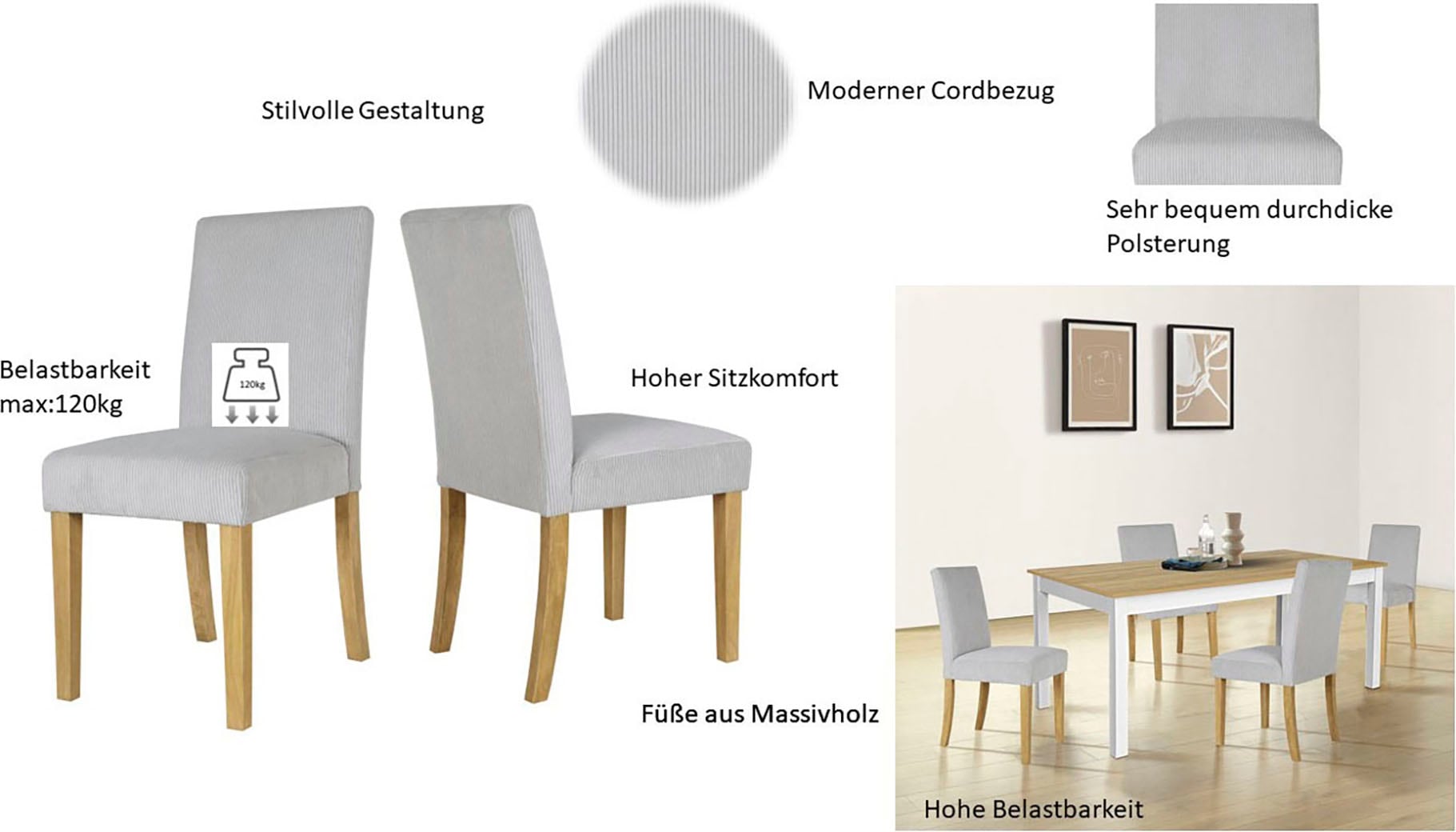 Home affaire Esszimmerstuhl »Winikon, TOPSELLER!, OTTOs Choice«, (Set), 2 St., Cord, Massivholzgestell, moderner Cordbezug, bequem gepolstert