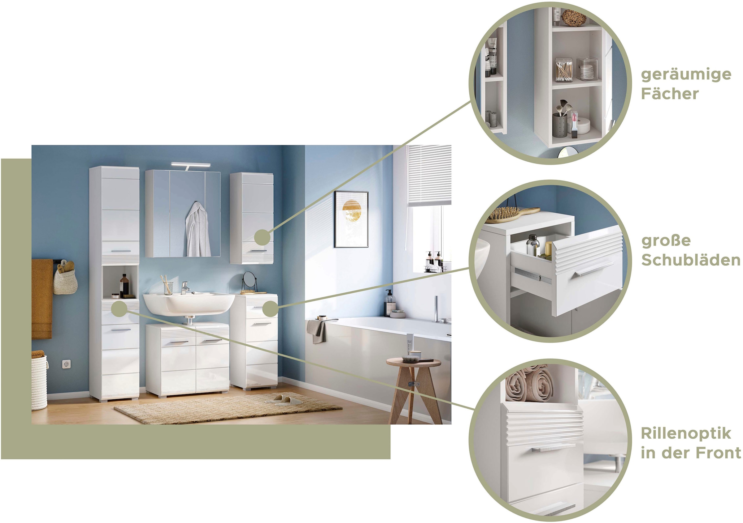 INOSIGN Hochschrank »Malmö, Breite 30 cm, 2 Türen, 1 Schubkasten, 1 offenes Fach, MDF-Front«, in verschiedenen Farben erhältlich, Badmöbel, Badschrank, Schrank, Bad