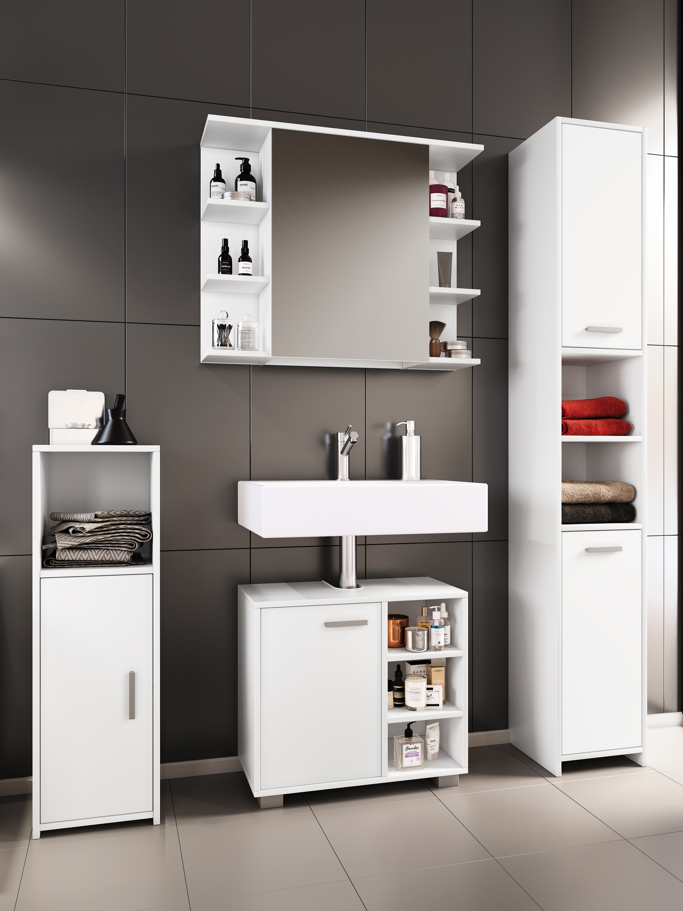 VCM Waschbeckenunterschrank »VCM 4-tlg. Badmöbelset | Badmöbel | Set aus Unterschrank, Midischrank, Hochschrank und Spiegelschrank | Badezimmermöbel - Zalo I«, (4 St.)