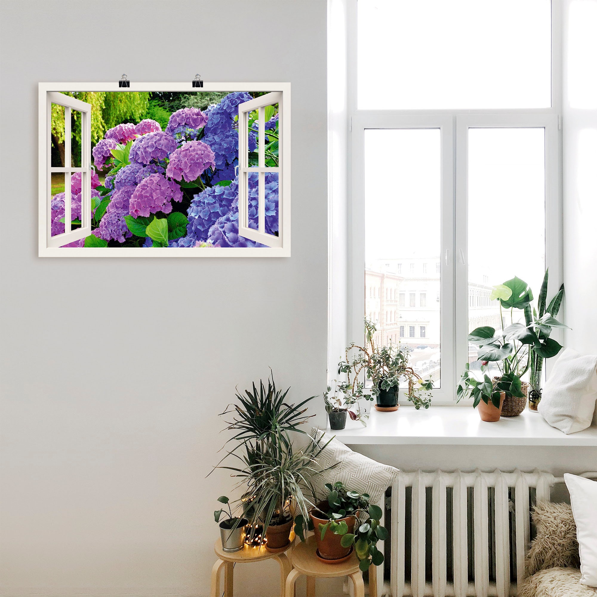 Artland Wandbild »Fensterblick Hortensien im Garten« 1 Stk. tlg. als Leinwandbild, Poster in verschied. Größen