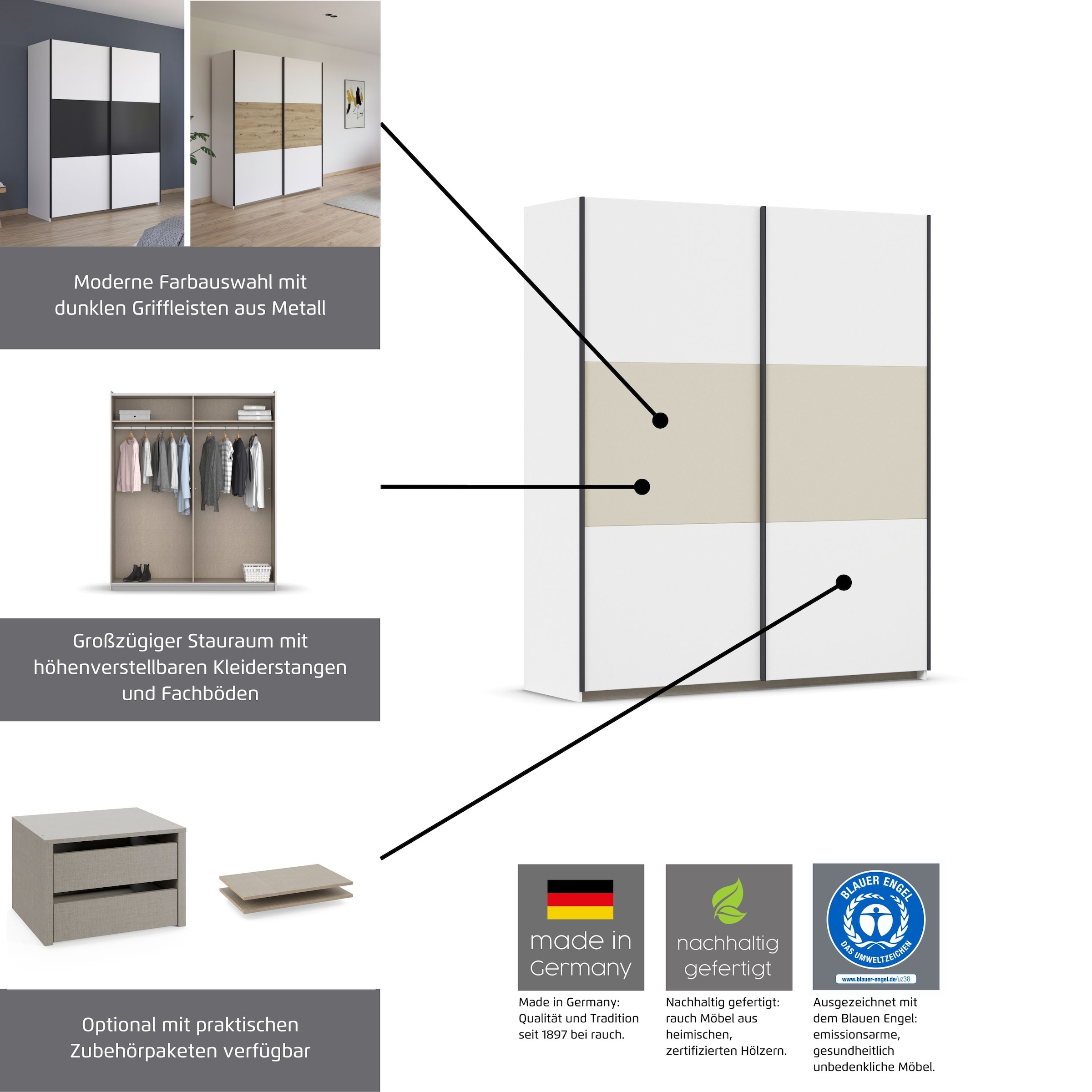 rauch Schwebetürenschrank »Kleiderschrank Schrank Garderobe Garderobenschrank Wäscheschrank NEO«, (in 3 verschiedenen Ausstattungen BASIC/CLASSIC/PREMIUM), mit großzügigem Stauraum und vielfältigen Farbkombinationen