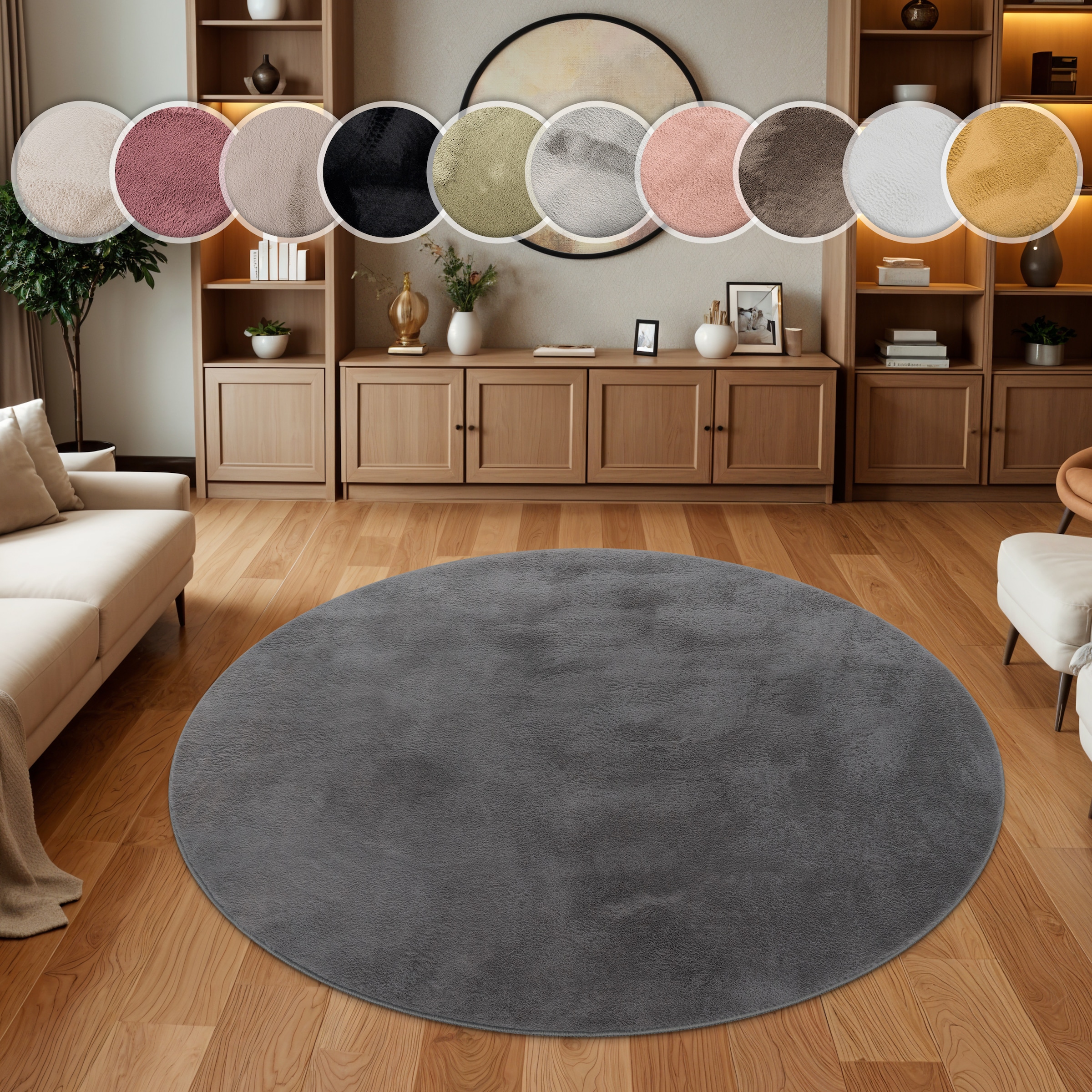 Paco Home Fellteppich »Kunstfell Soft 380« rund 14 mm Höhe Langflor, Kuschelteppich - besonders weich, Uni-Farben