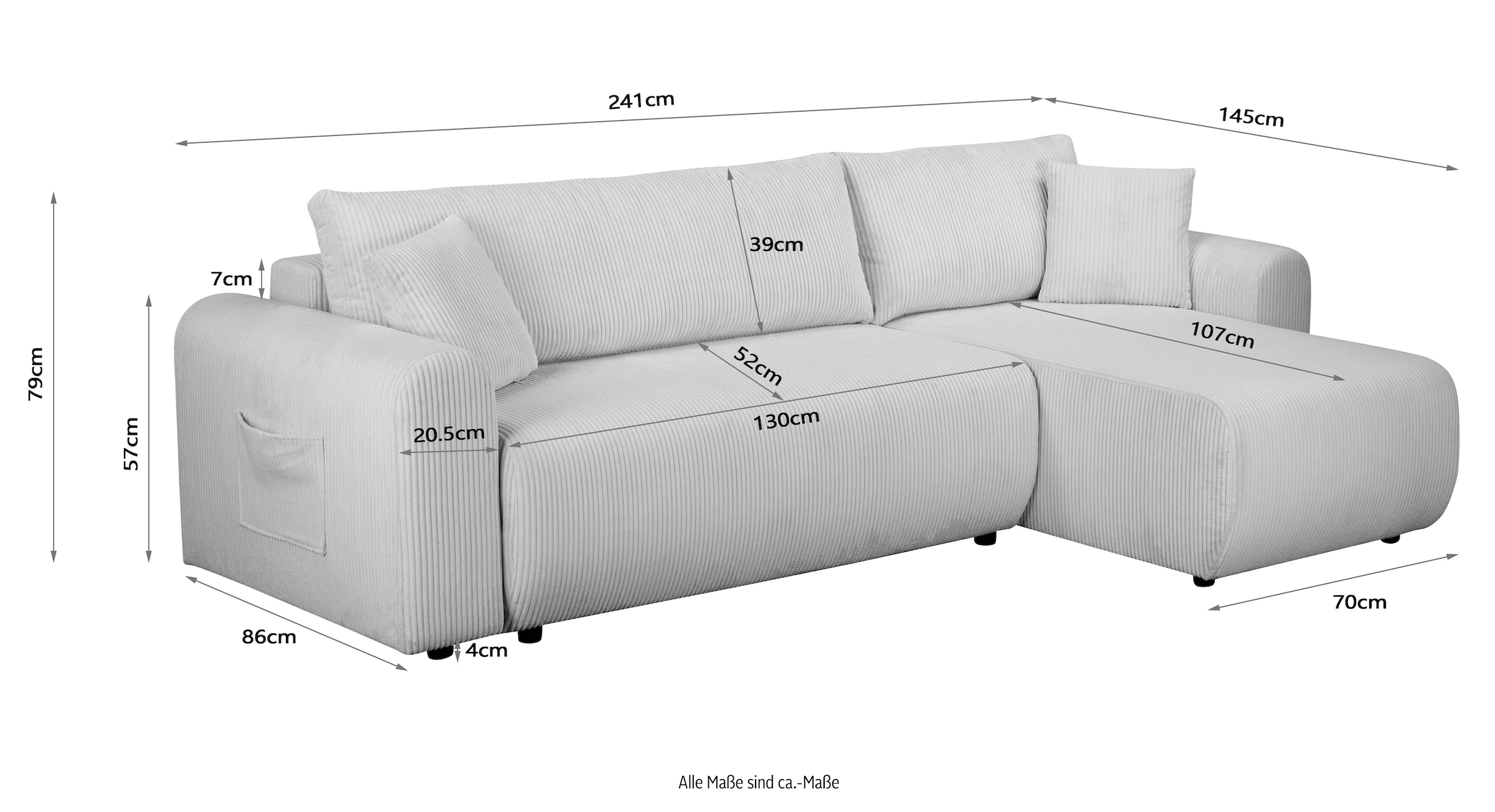OTTO home Ecksofa »JONAA L-Form, 241cm - OTTO. Verlässliche Qualität.« 133/200cm, Recamiere links/rechts, Bettkasten, Cord u. Struktur