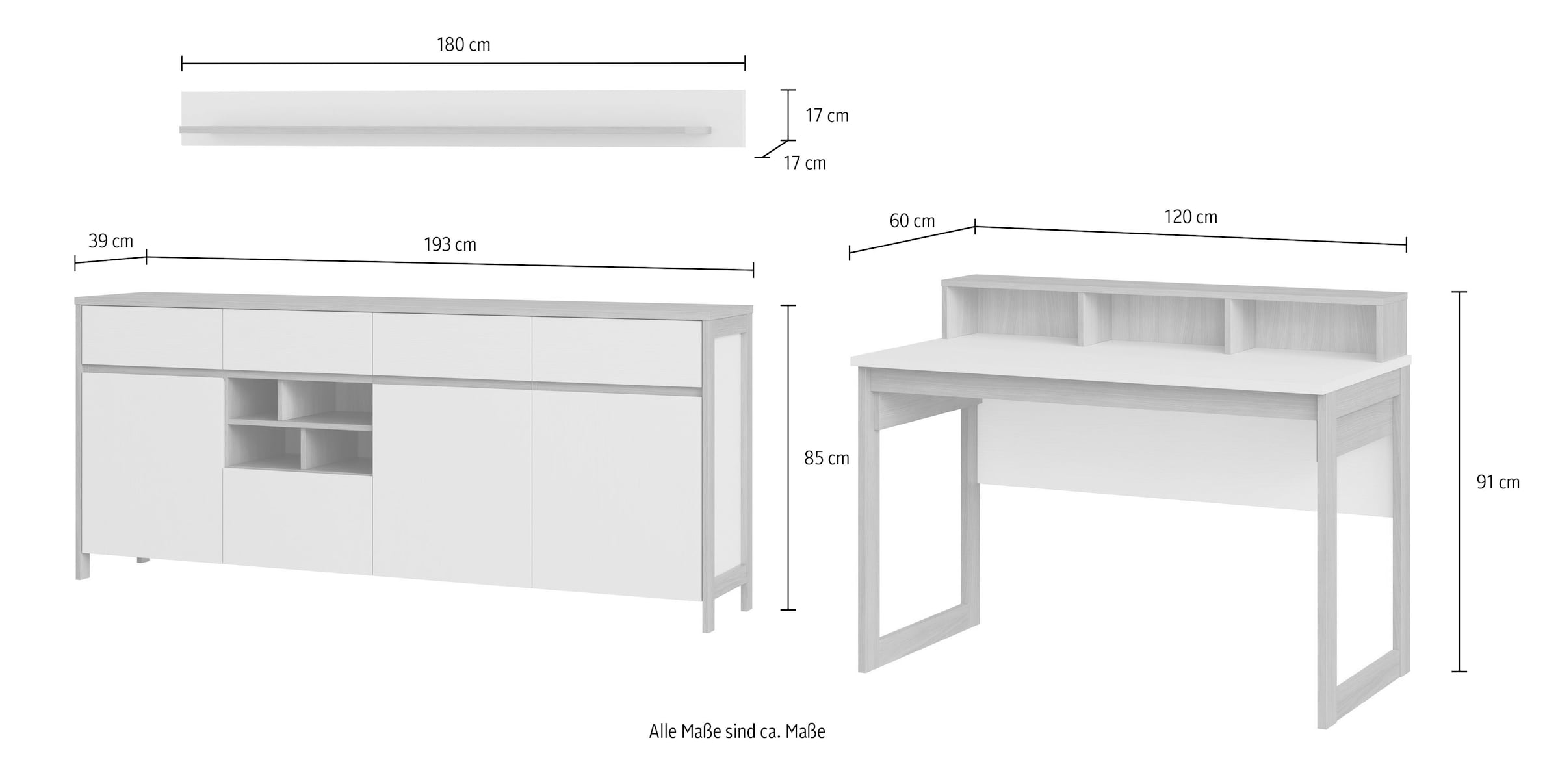 Home affaire Büromöbel-Set »Stranda im Scandi-Style, Home Office, Büro in zwei Farben verfügbar« 3 Stk. tlg. enthält Schreibtisch, Sideboard und Wandboard